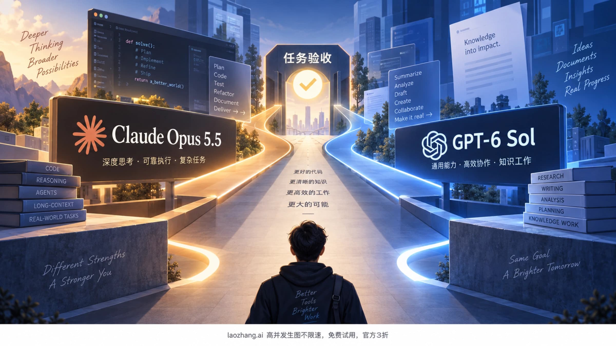 Claude Opus 5.5 与 GPT-6 Sol 两条路径汇合到任务验收节点的选型示意
