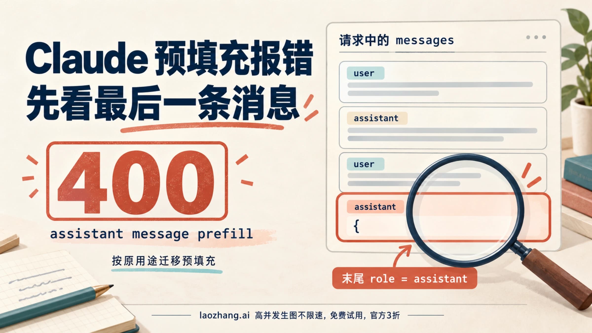 Claude 预填充 400 报错示意,放大检查 messages 最后一个 assistant 消息
