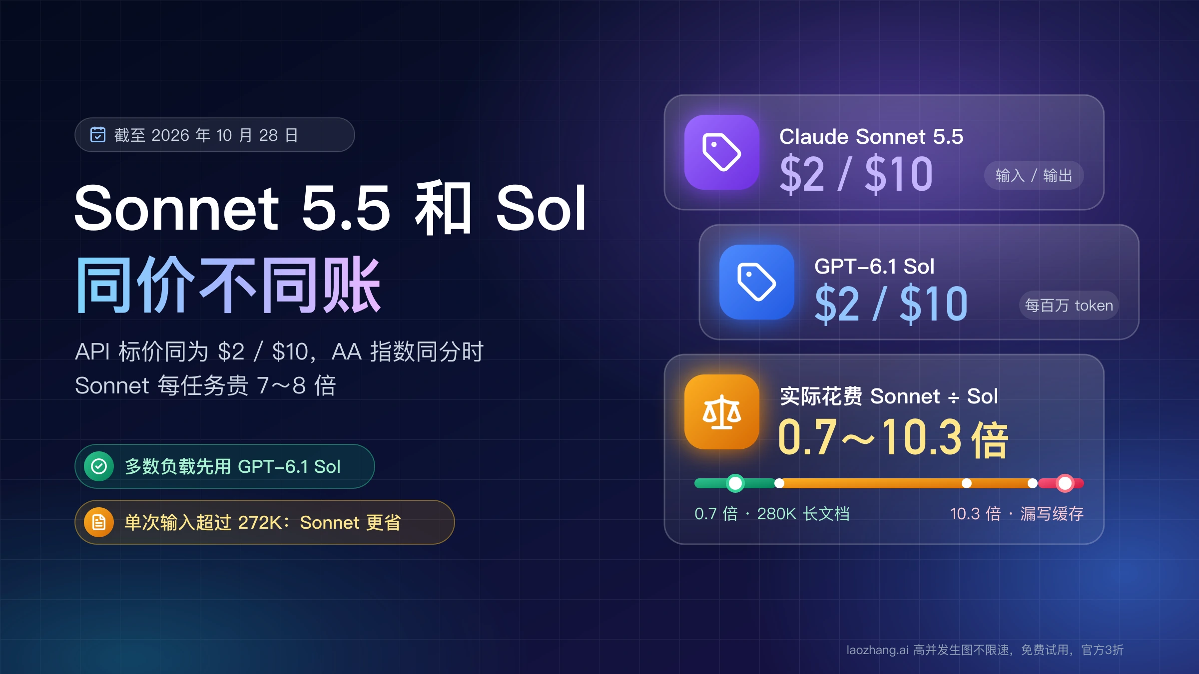 Claude Sonnet 5.5 与 GPT-6.1 Sol 标价同为 $2/$10,实际花费比从 0.7 倍到 10.3 倍不等