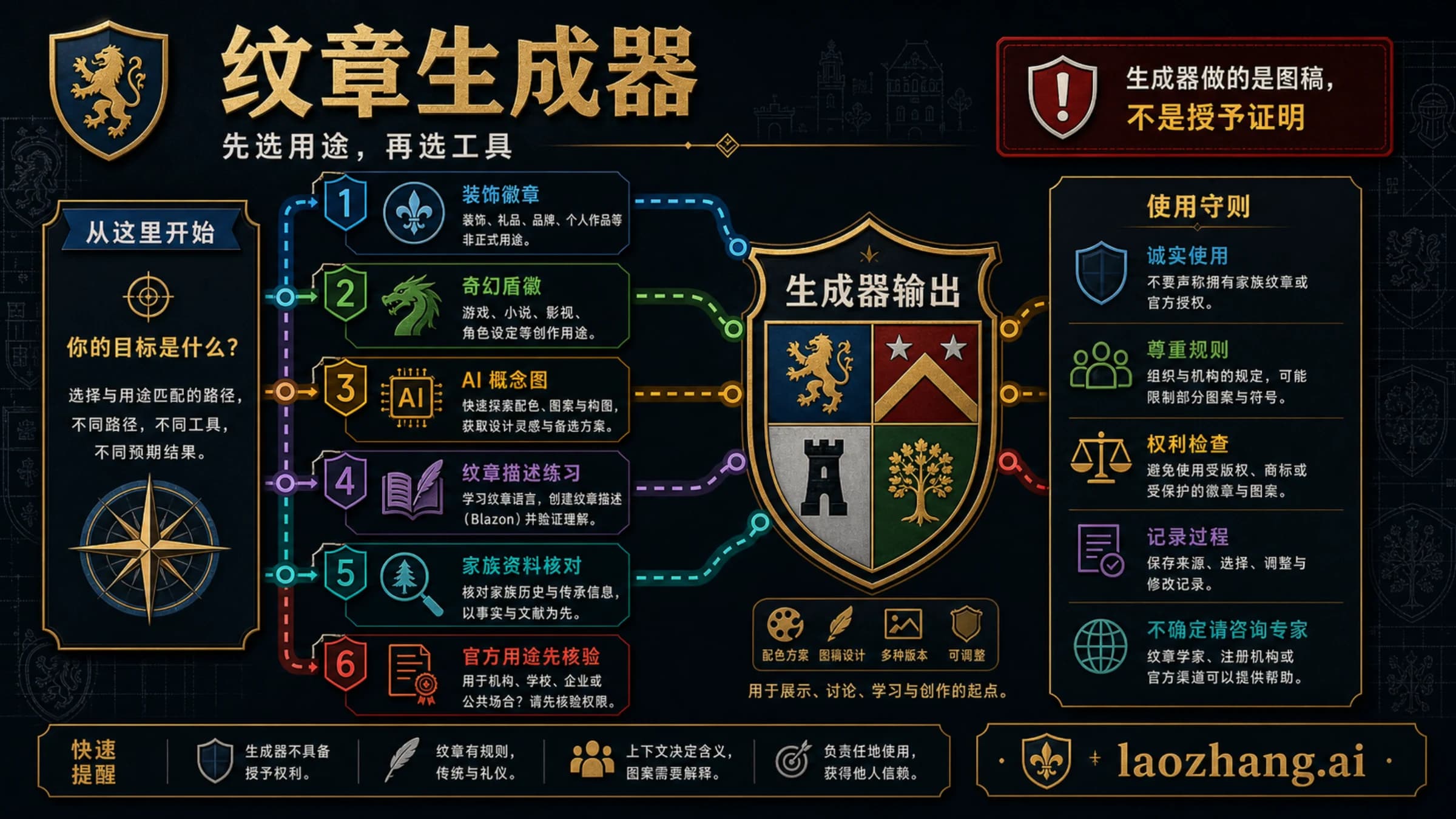 中文纹章生成器路线图,区分装饰图稿、奇幻盾徽、AI 概念、Blazon 练习、家族资料和官方用途核验。