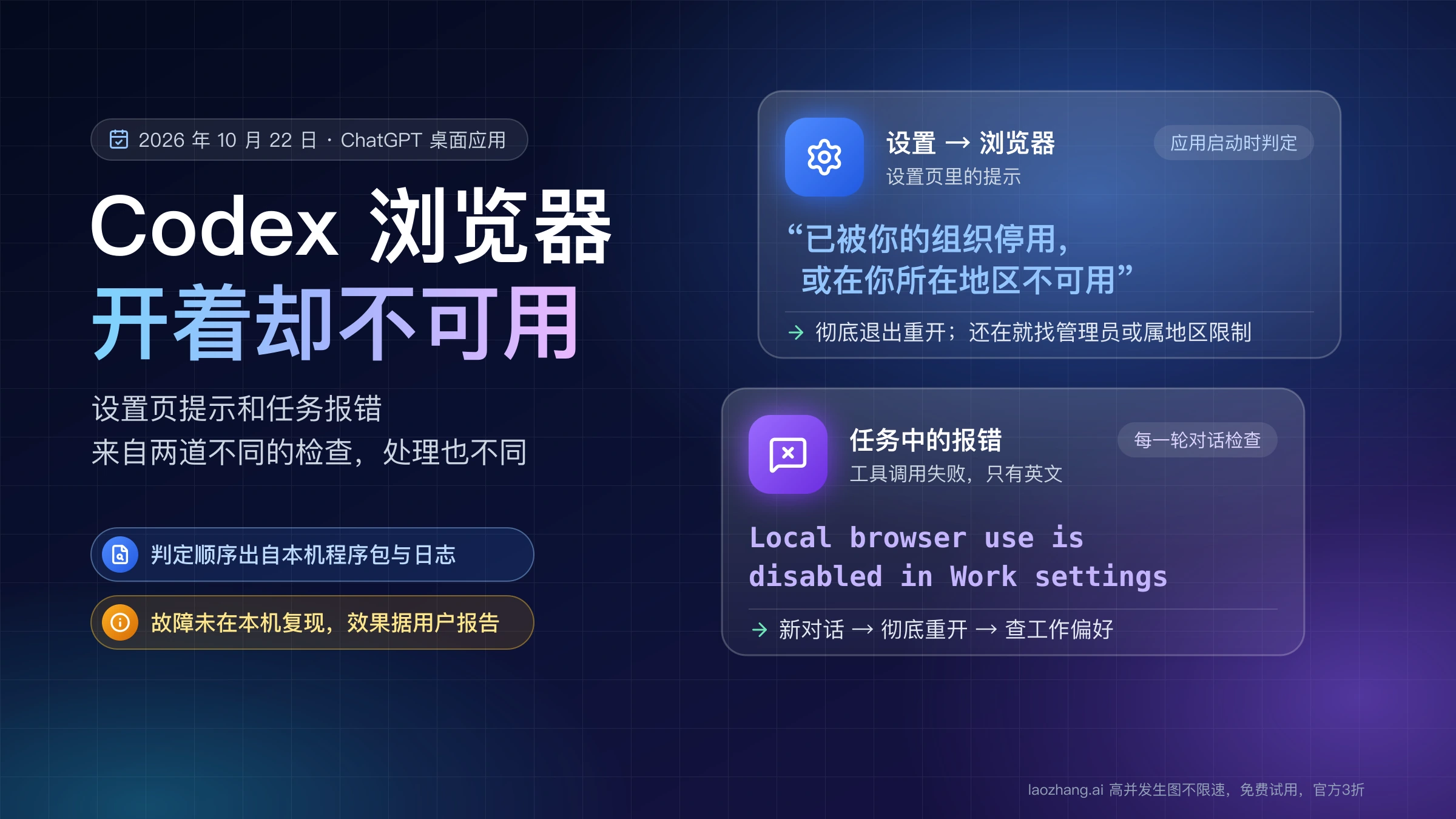 Codex 浏览器开着却不可用:设置页的停用提示在应用启动时判定,任务中的 Work settings 报错每一轮对话检查,两者处理不同