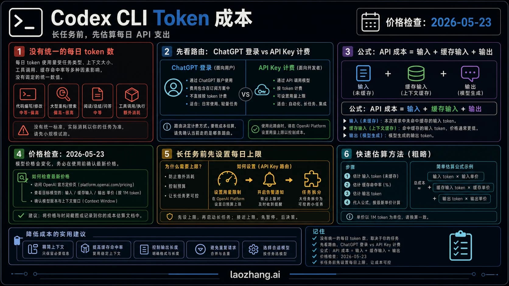 Codex CLI token 成本估算信息板,展示路由检查、API 成本公式、价格日期和每日预算上限