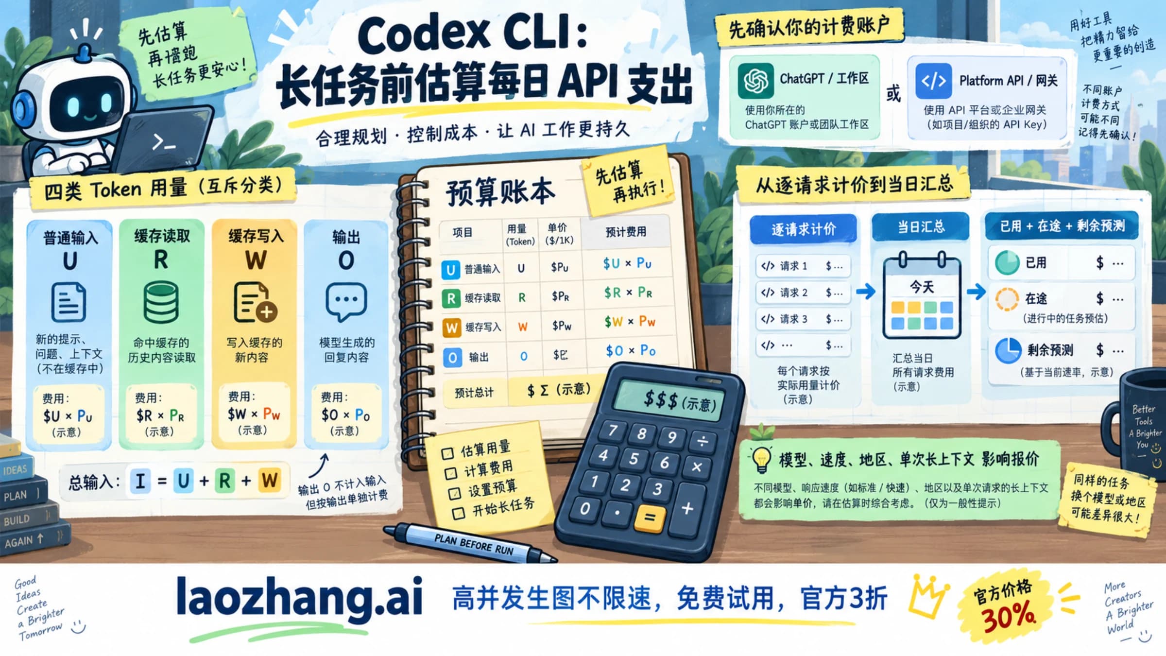 Codex CLI 按计费账户、互斥 token 类别与在途预算估算每日支出的示意