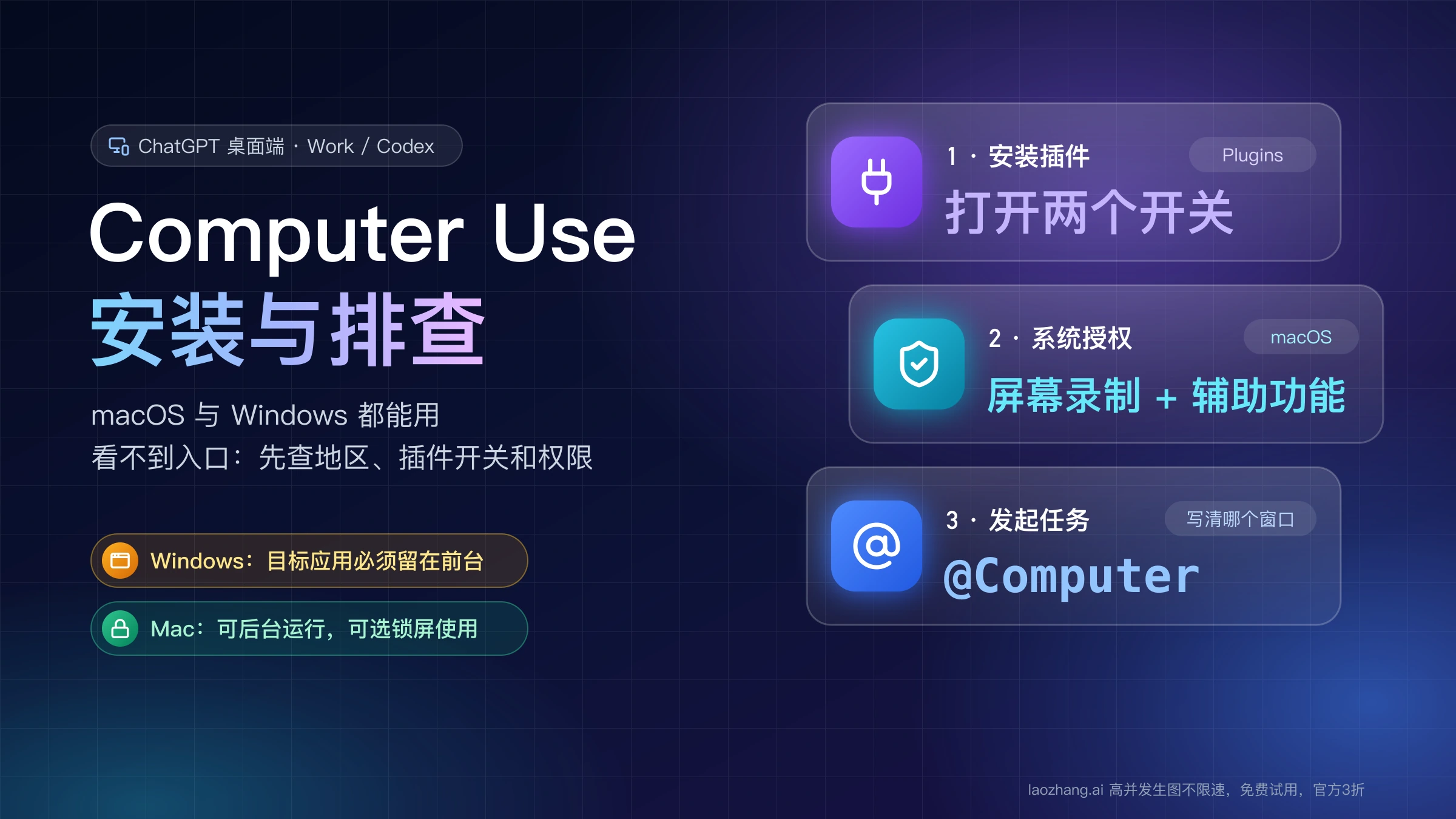 Computer Use 安装与排查封面:安装插件打开两个开关、macOS 授予屏幕录制和辅助功能权限、用 @Computer 发起任务