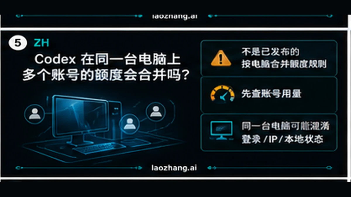 Codex 同一台电脑多账号限额排查信息板,展示账号用量、本地登录、IP 和官方边界