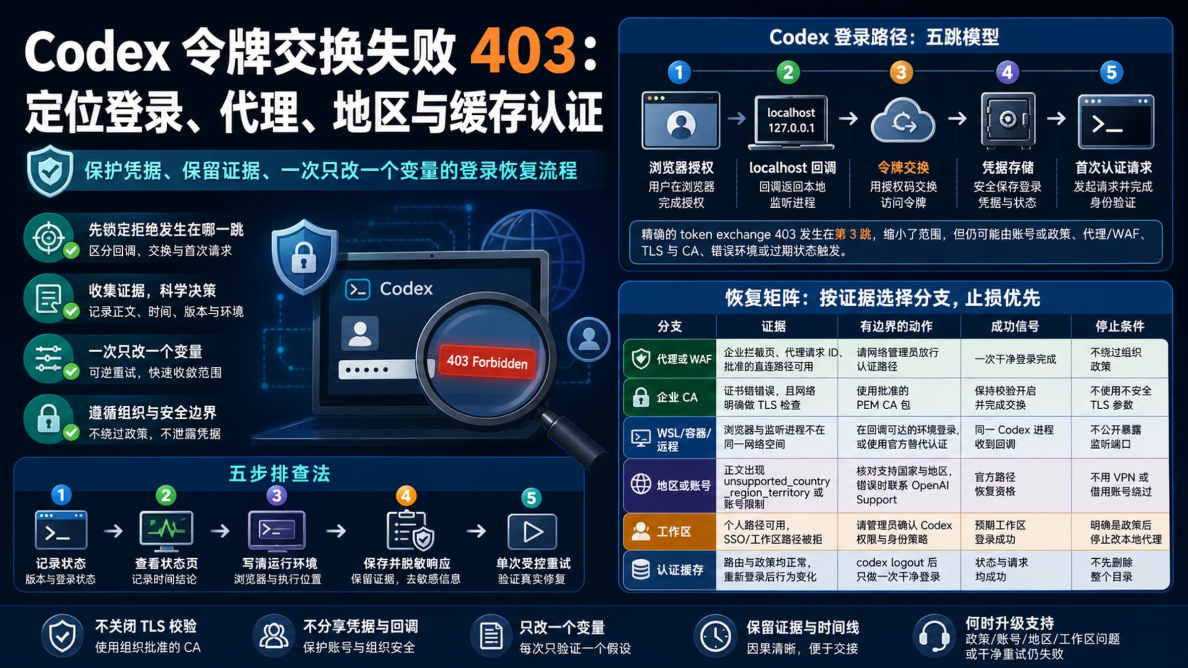Codex 令牌交换失败 403 的登录、代理、地区和缓存认证诊断图