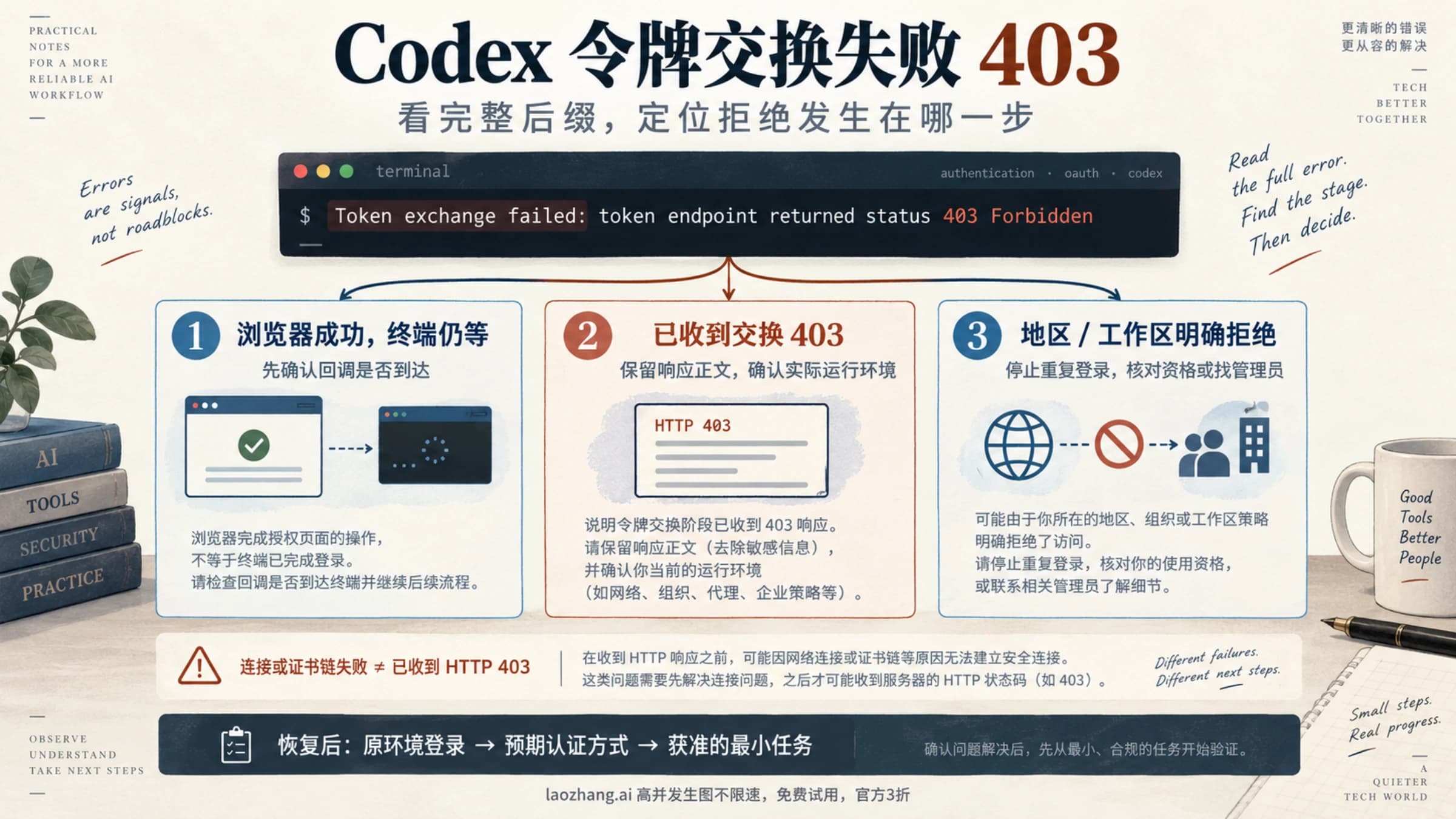 Codex 令牌交换失败 403 按完整错误后缀定位:回调未到达、交换收到拒绝、地区或工作区限制分别采取不同动作