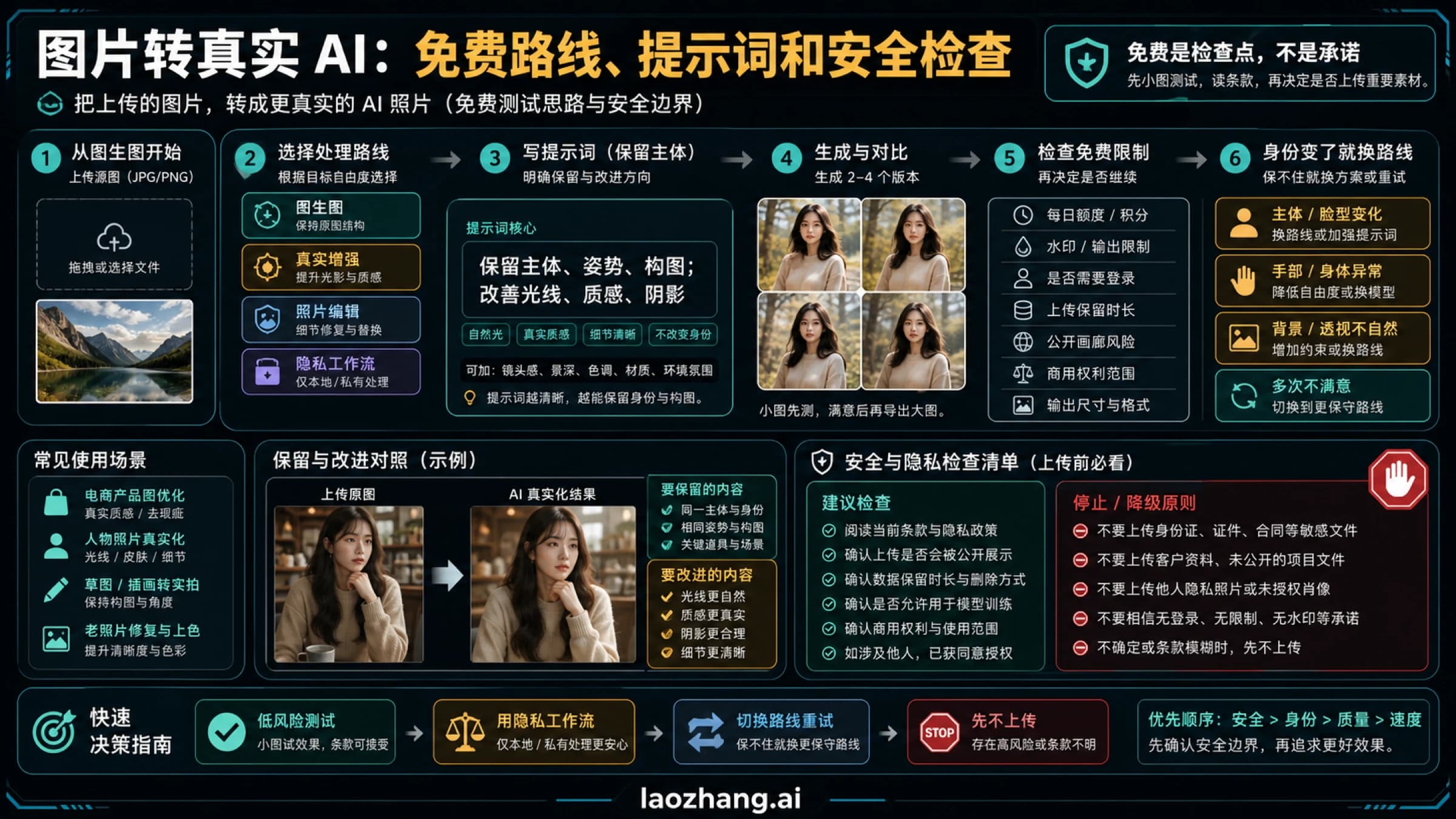 把上传图片转换成真实感 AI 照片的路线选择、提示词和免费路线检查板