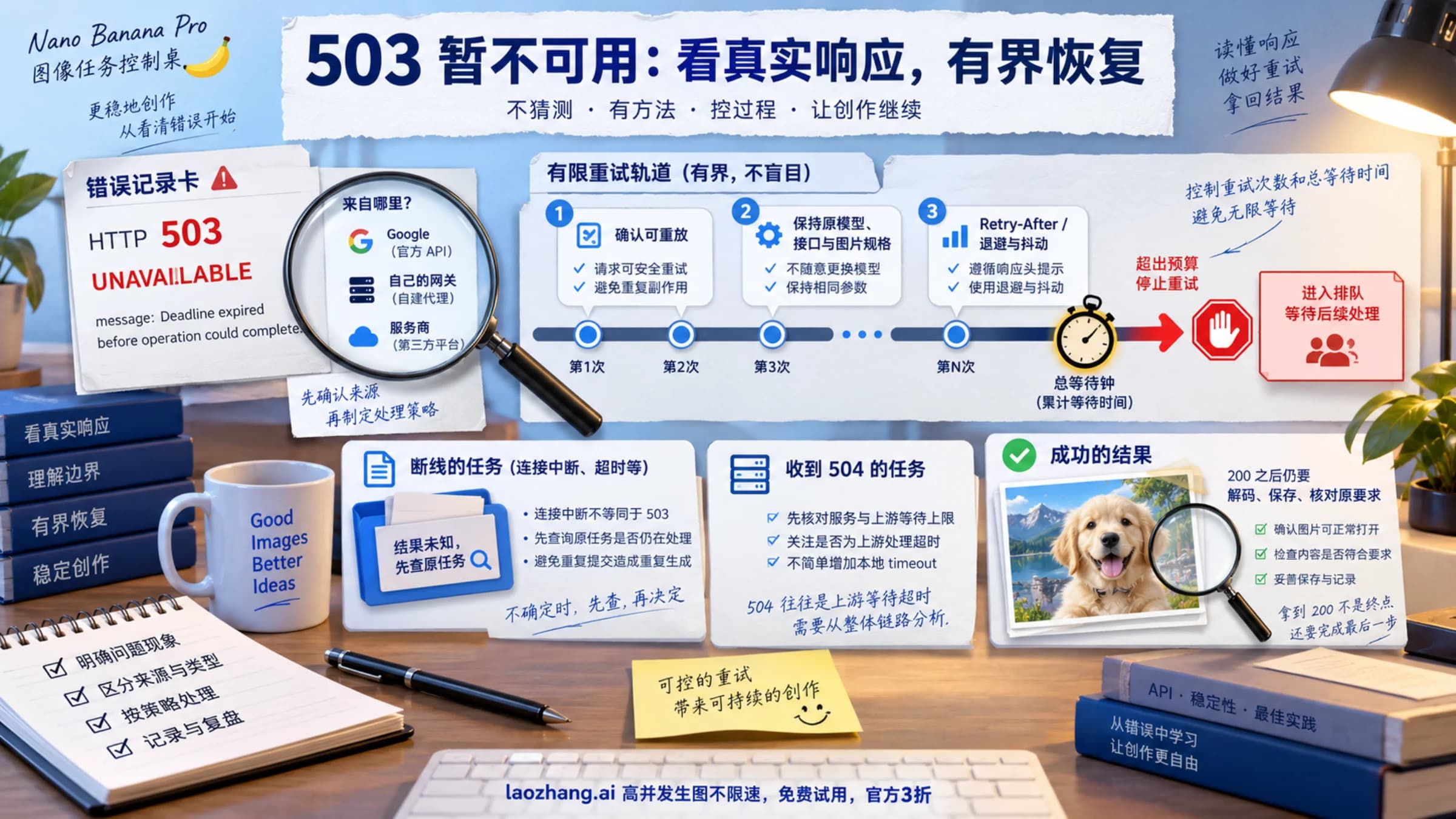 核对 503 响应来源、在次数和等待预算内恢复,并检查实际图片结果的主题示意。