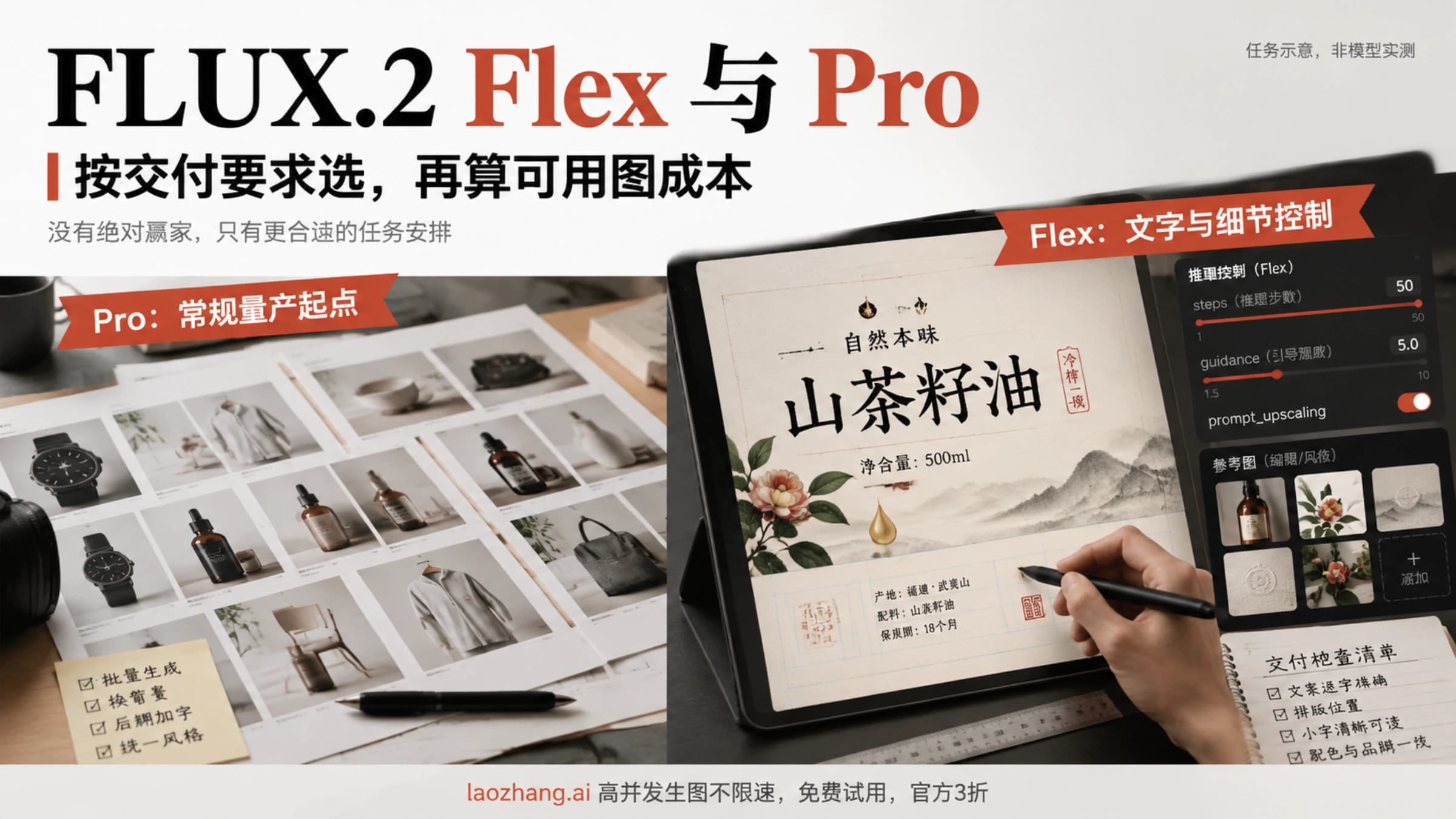 FLUX.2 Pro 常规量产与 Flex 文字细节控制的任务选择示意