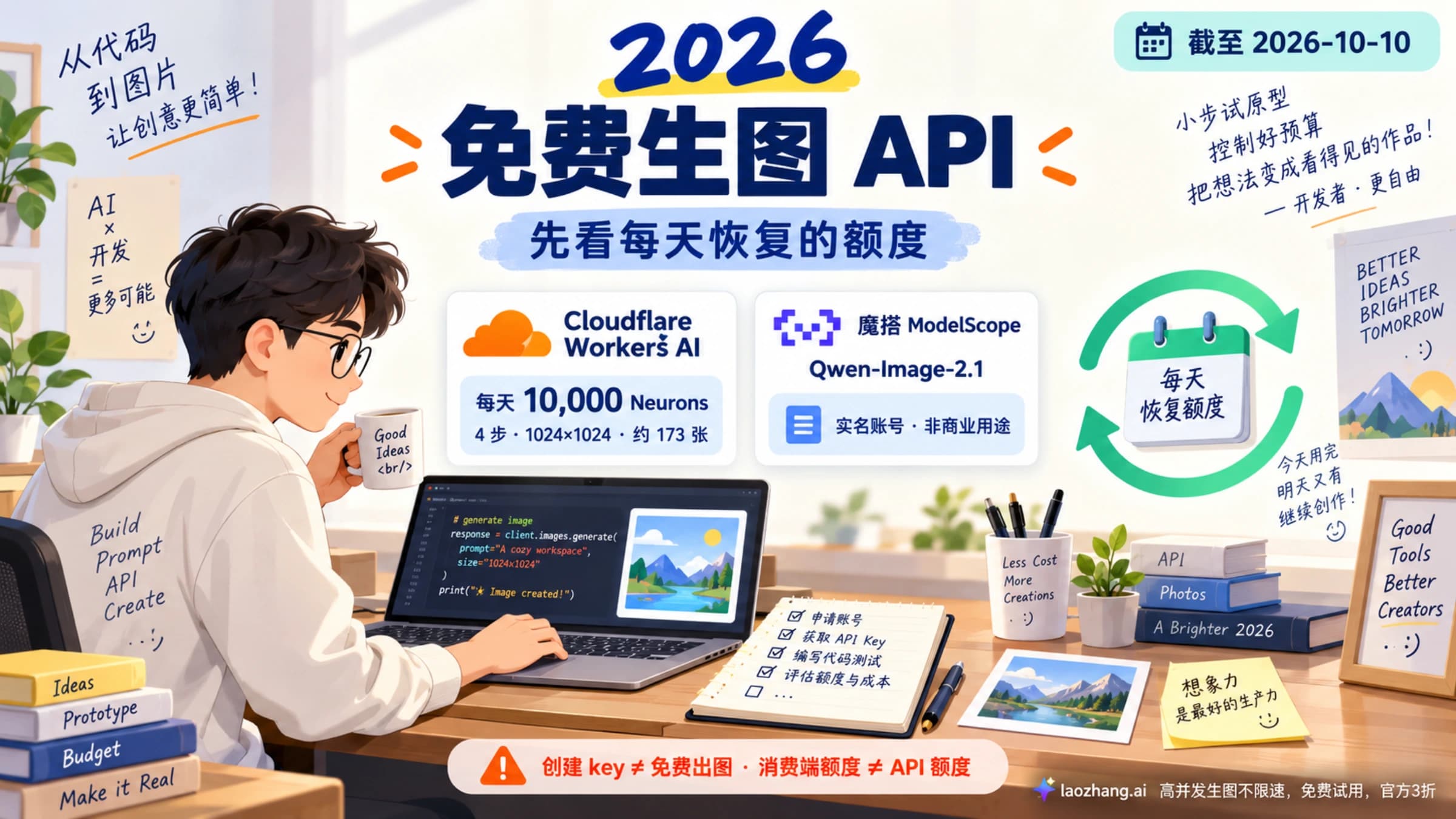 免费生图 API 概念图:Cloudflare 的每日额度与魔搭实名非商业路线,创建密钥和消费端额度并不等于免费 API 输出