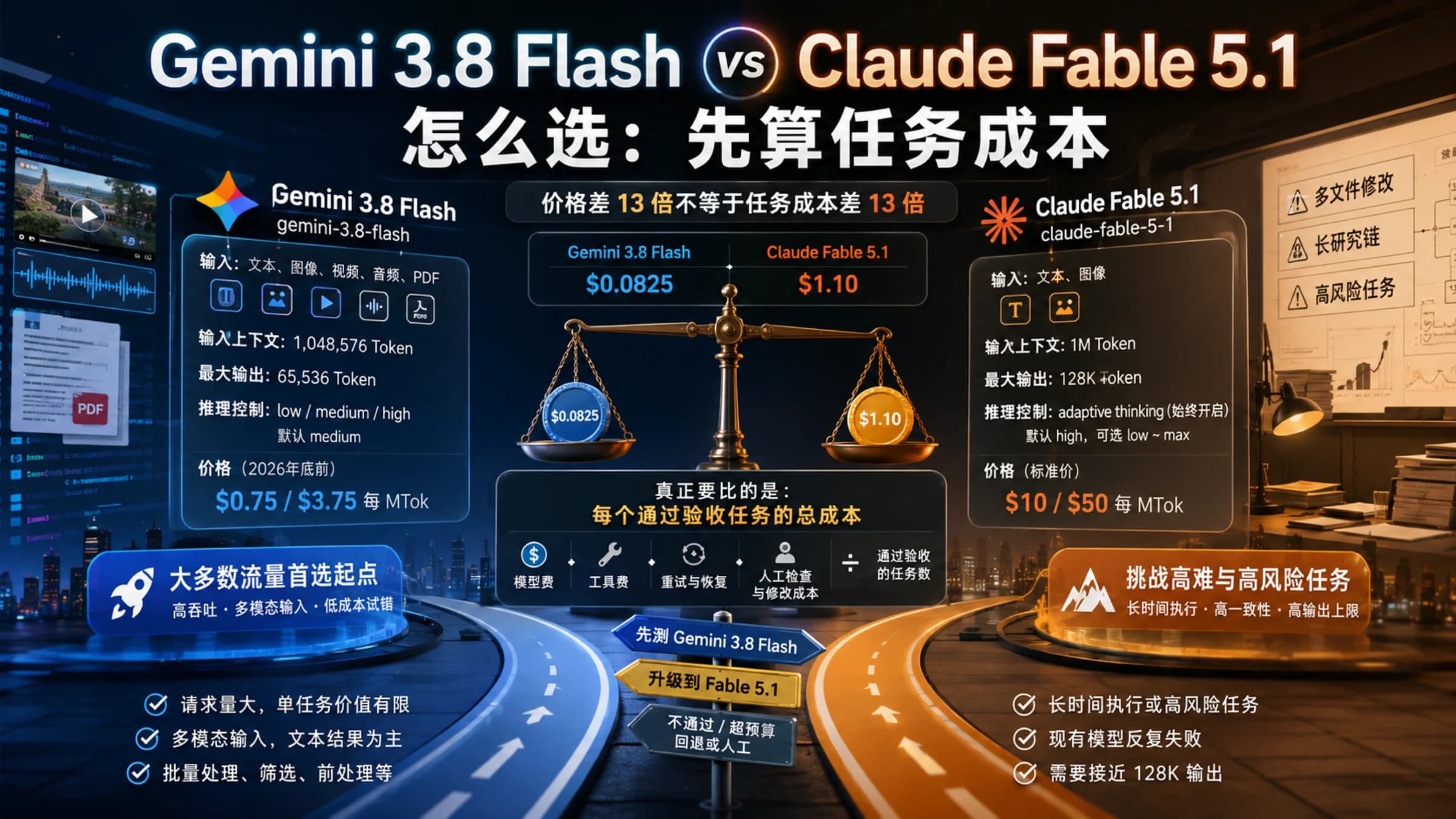 Gemini 3.8 Flash 与 Claude Fable 5.1 的价格、规格和任务成本选择概览