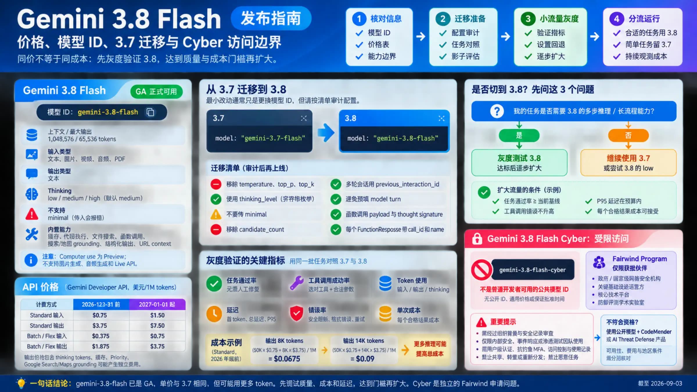 Gemini 3.8 Flash 从价格核对、3.7 灰度迁移到 Cyber 访问判断的决策图
