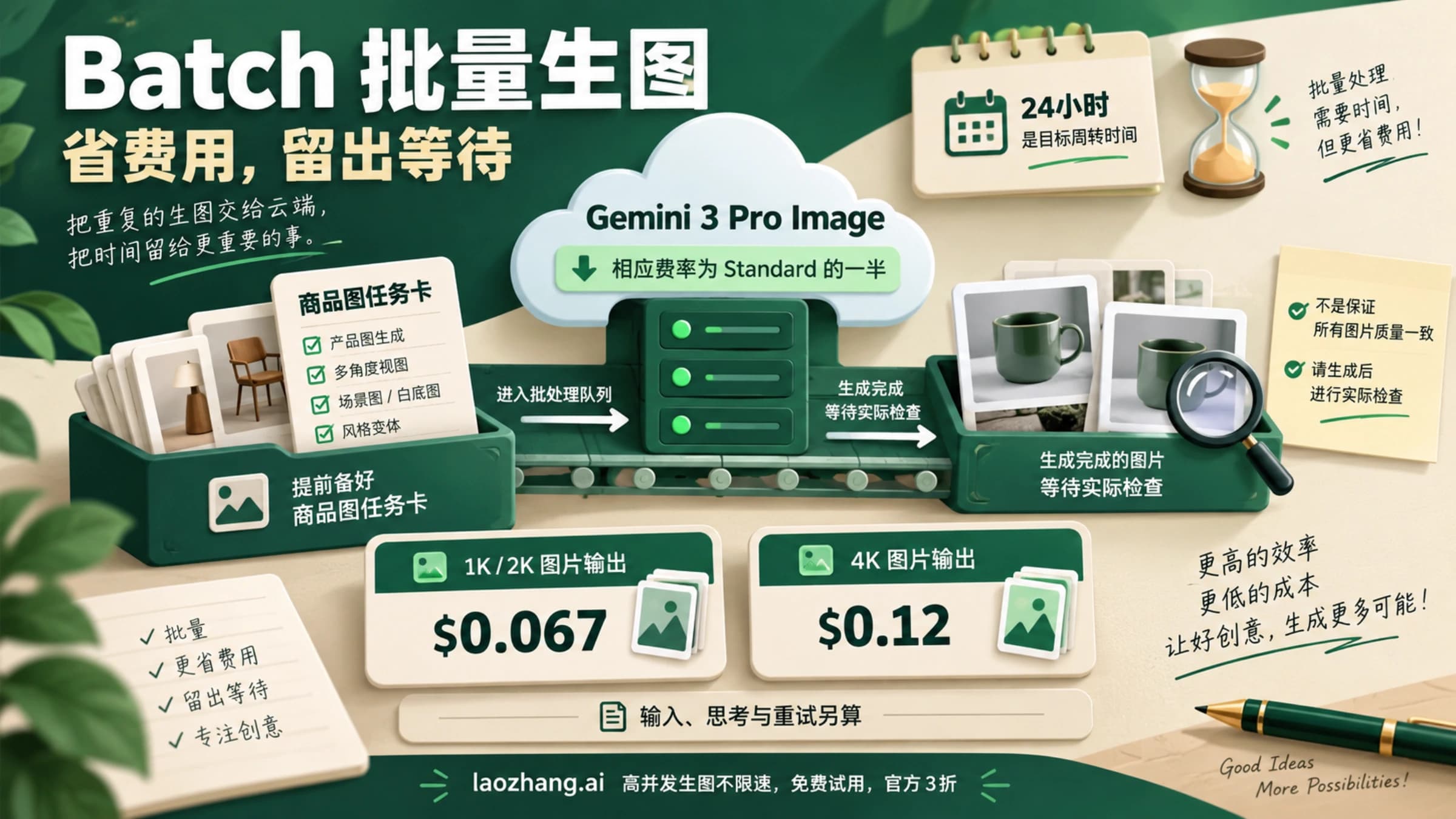 Gemini 3 Pro Image Batch 的五折图片输出费用与提前排期主题图。
