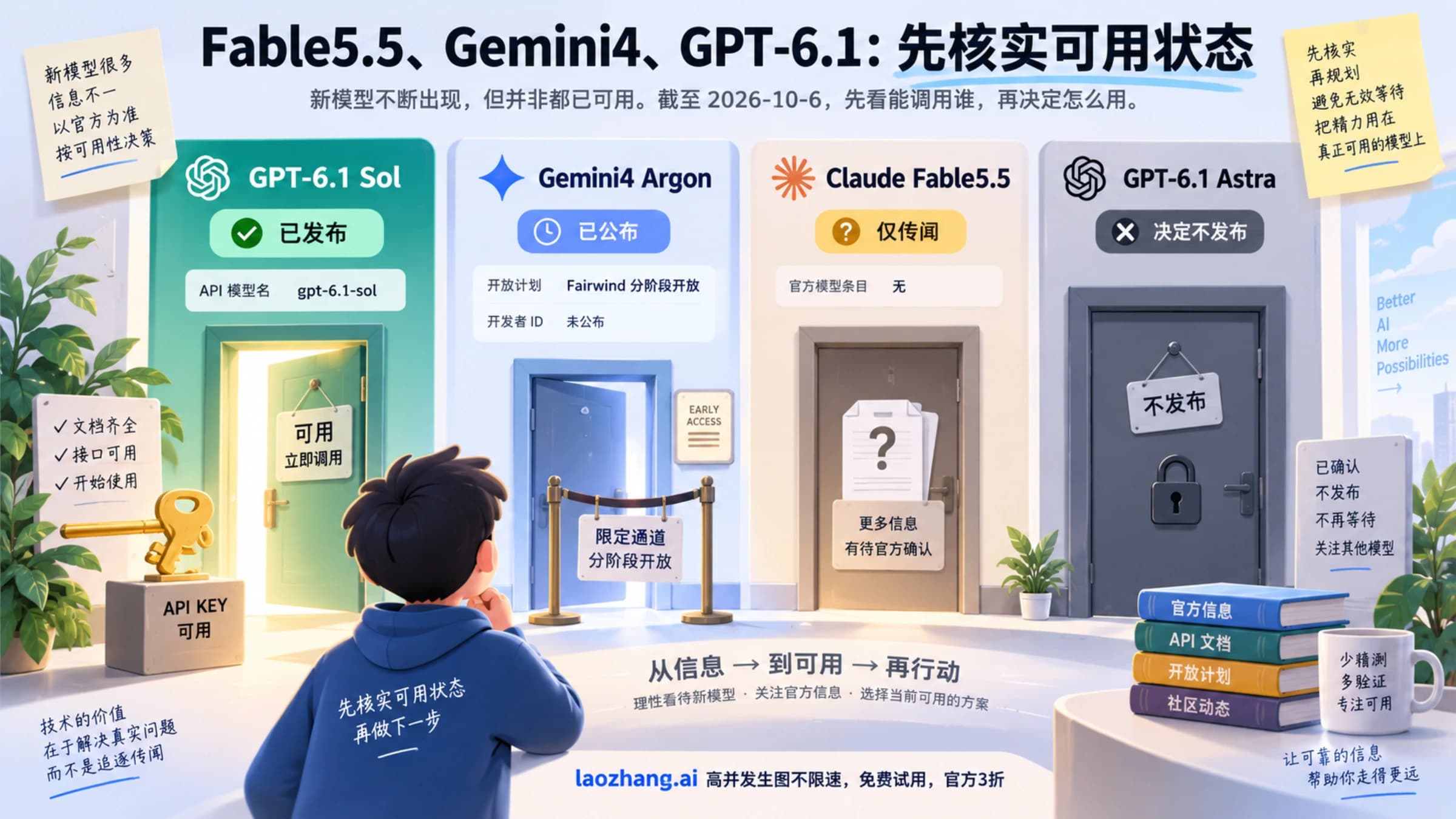 GPT-6.1 Sol、Gemini 4 Argon、Fable 5.5 与 GPT-6.1 Astra 的当前可用状态示意。