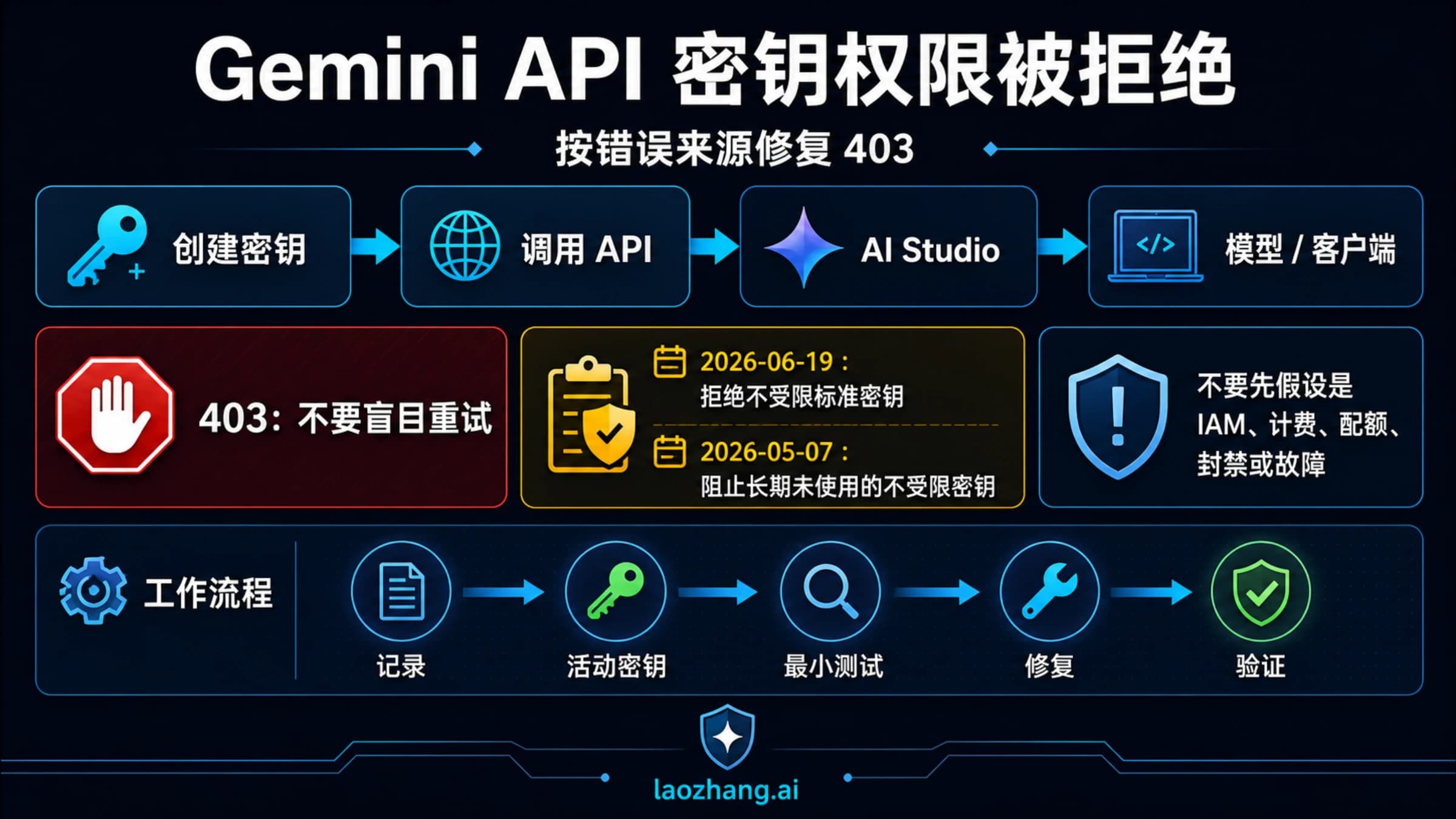 Gemini API 403 权限被拒绝排错路线图,区分四类失败位置、禁止盲目重试并标注 2026 年 Key 规则变化