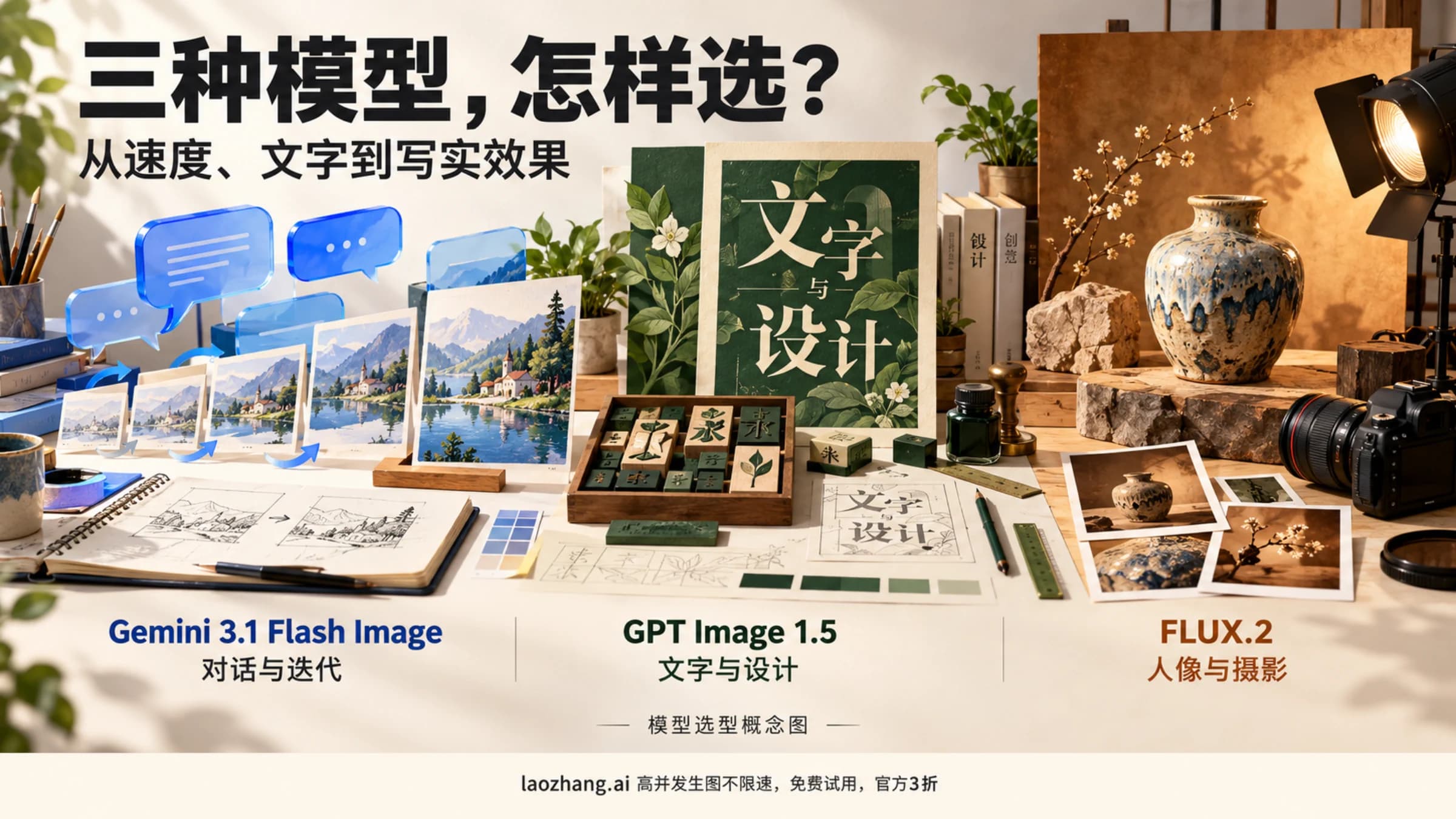 三模型选型概念图:Gemini 的对话迭代、GPT Image 的文字设计与 FLUX.2 的摄影场景