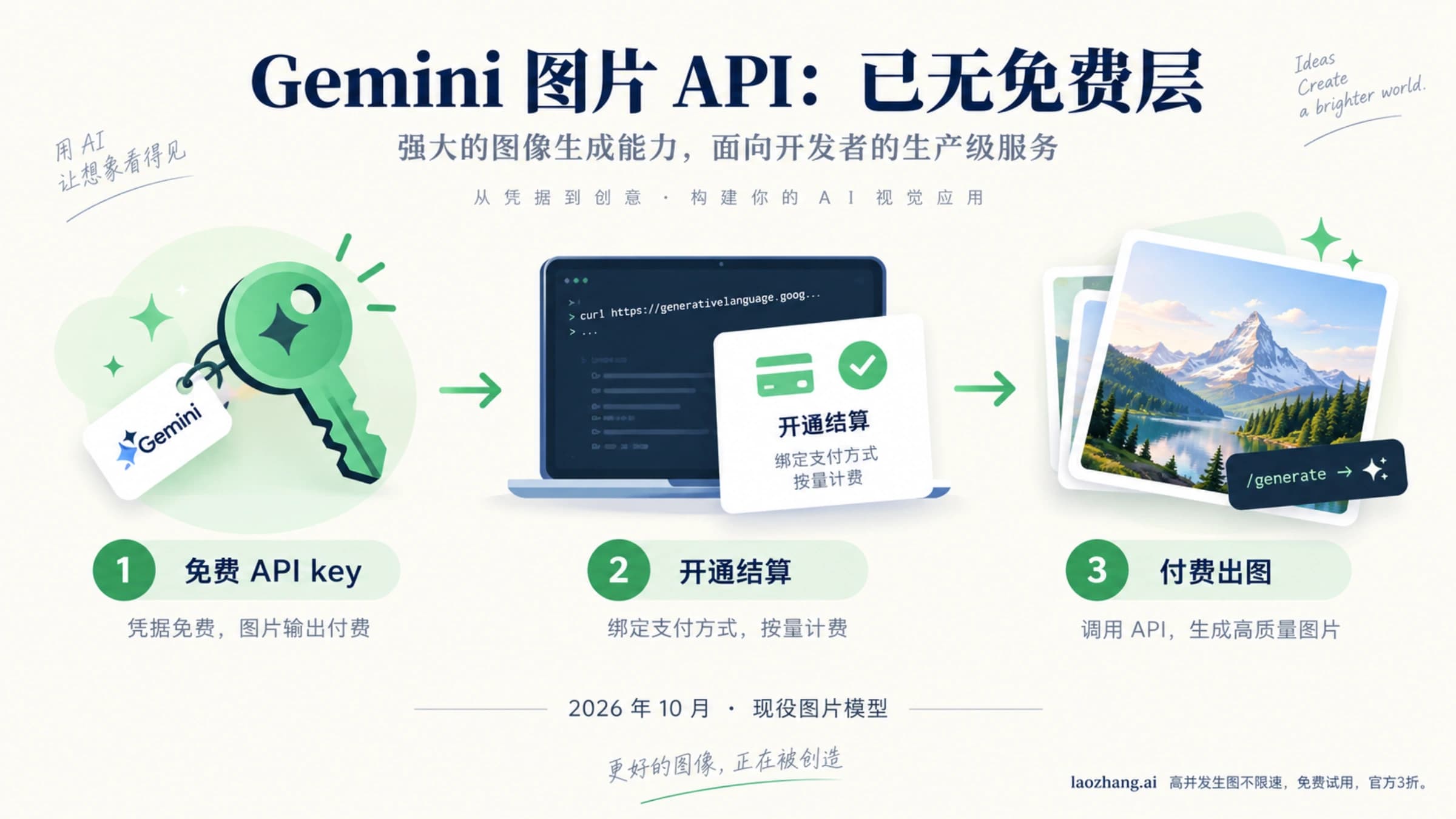 Gemini 图片 API 从免费凭据到开通结算和付费出图的概念示意
