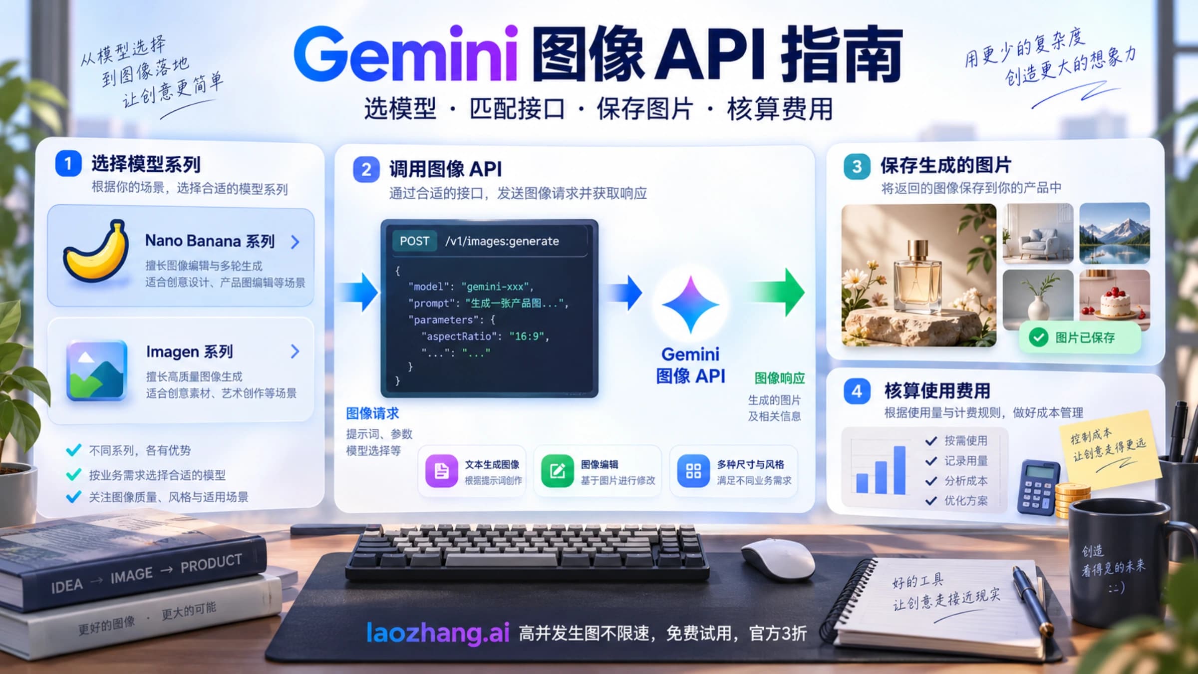 Gemini 图像 API 的模型选择、接入、图片保存和费用主题示意