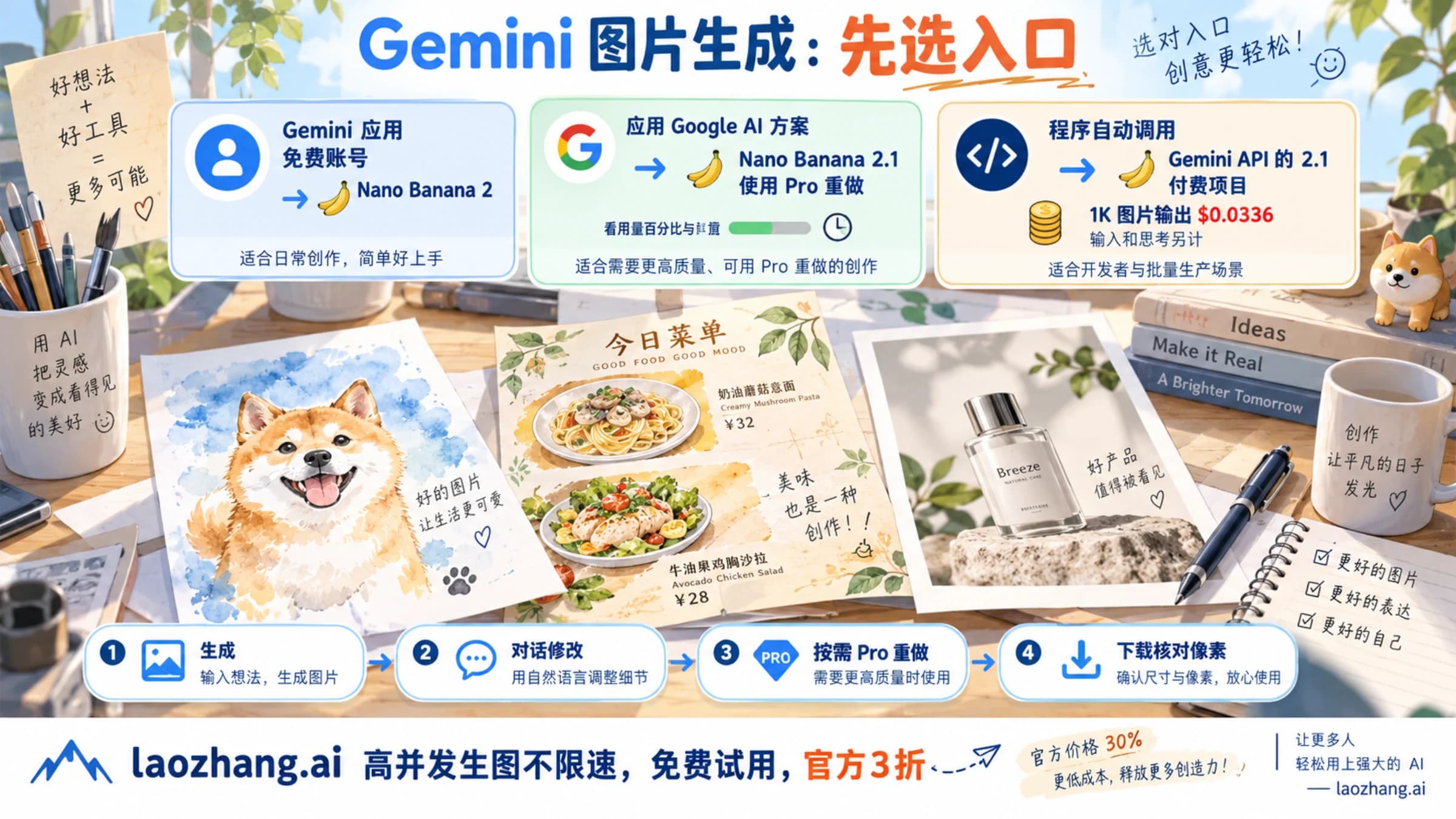 Gemini 应用免费、订阅与付费 API 三种入口及出图修改下载流程的示意