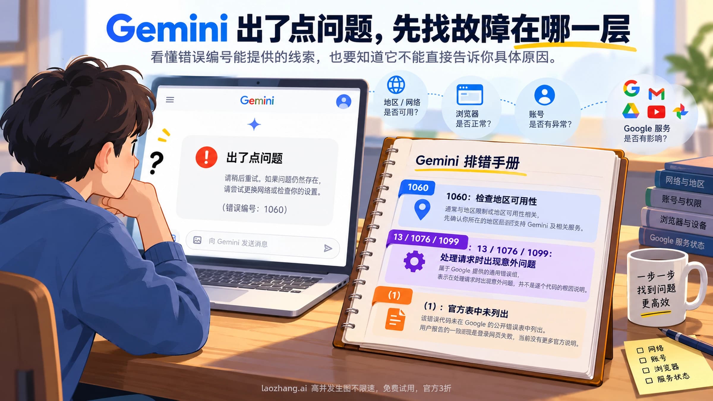 Gemini 出了点问题的分层排查:对话、浏览器、账号、Google 后端四层,分别用新建对话、无痕窗口、第二个账号、状态面板来对照