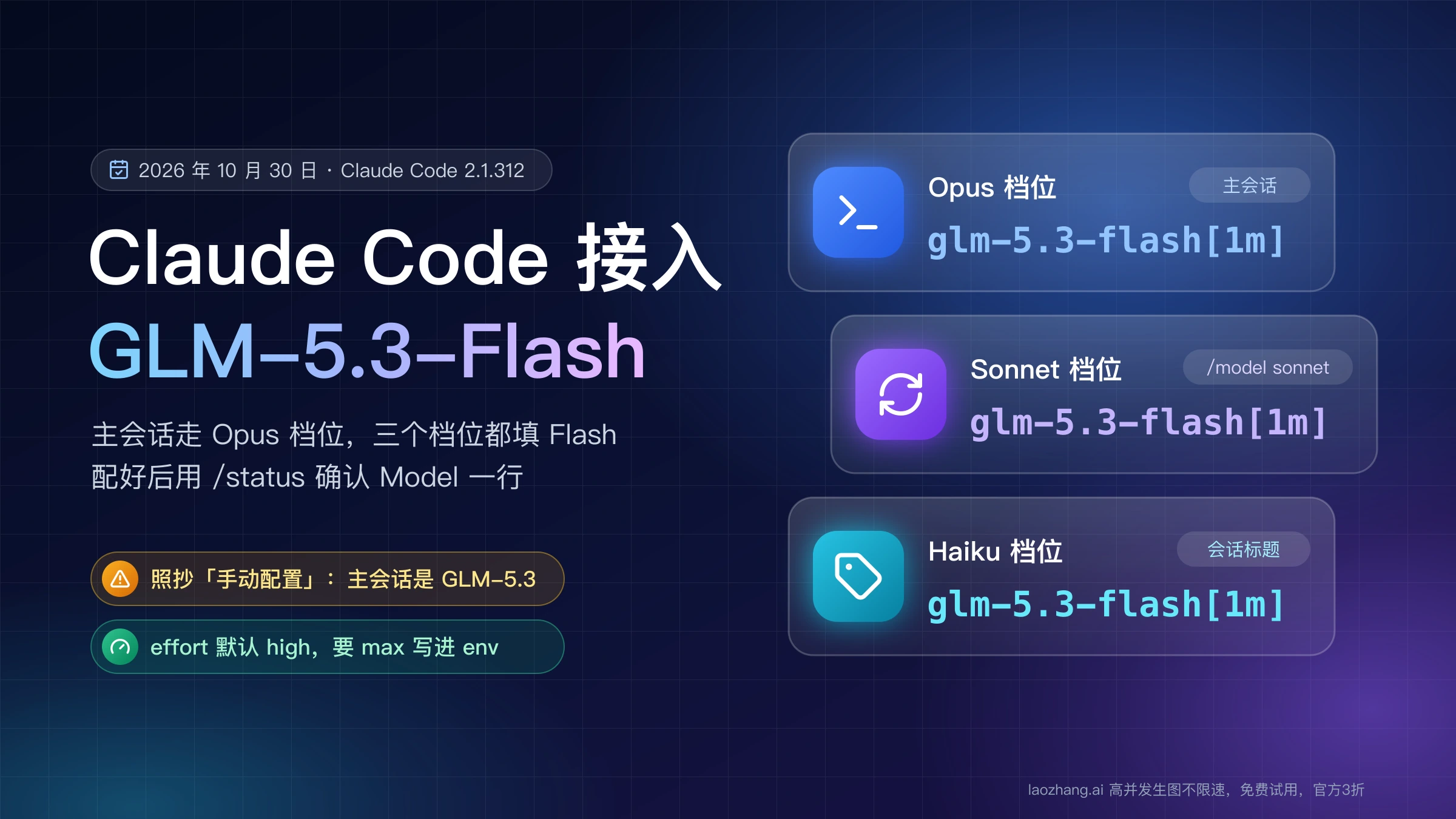 Claude Code 接入 GLM-5.3-Flash:Opus、Sonnet、Haiku 三个档位都填 Flash,主会话走 Opus 档位
