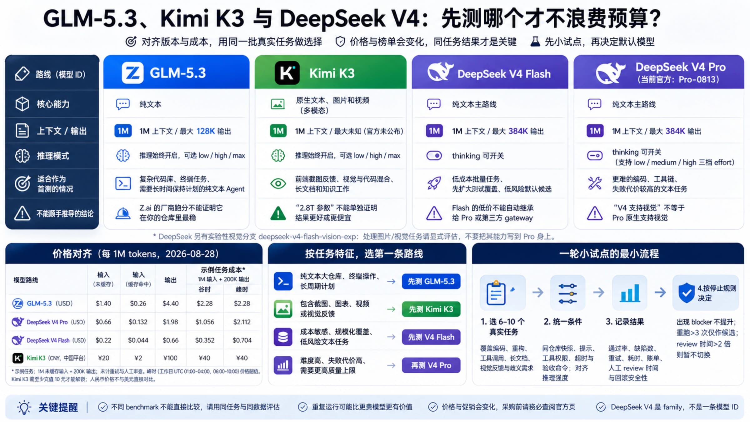 GLM-5.3、Kimi K3、DeepSeek V4 Pro 与 Flash 的路线、价格和首测流程总览