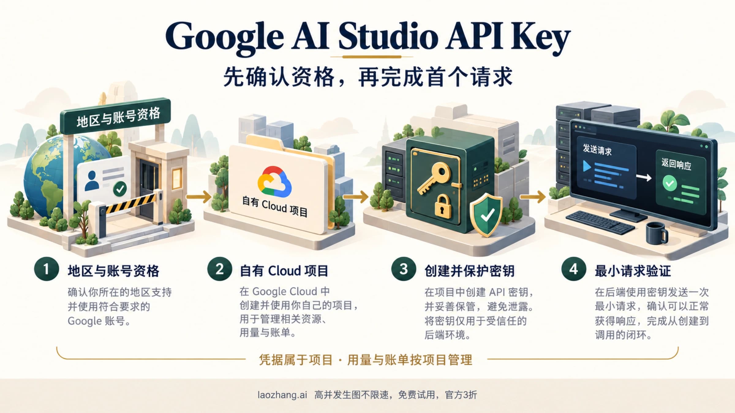 从地区资格和自有 Cloud 项目开始,创建并保护 Gemini API 密钥后完成首个请求