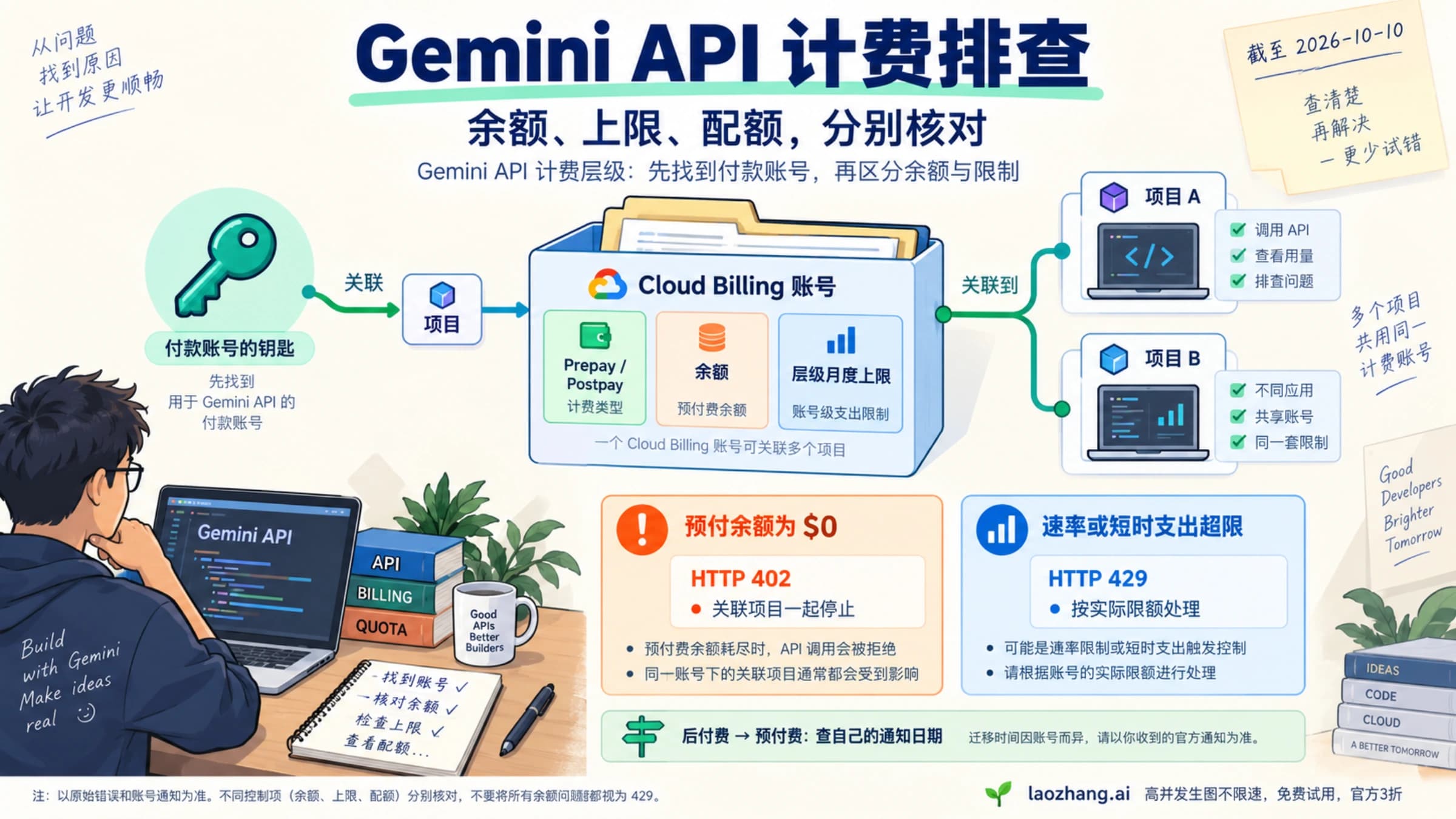 Gemini API 计费概念图:用 Key 找项目和 Cloud Billing 账号,预付归零的 402 与速率或短时支出限额的 429 分开核对,迁移按自己的通知日期
