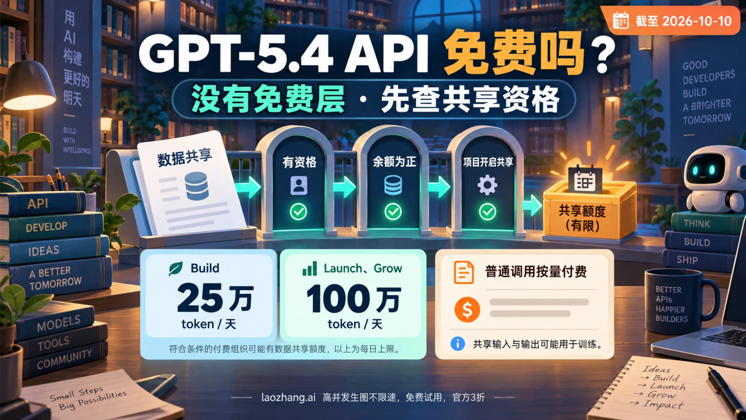 GPT-5.4 API 共享额度概念图:没有免费层,符合条件的付费组织还需余额为正和项目开启共享,Build 与 Launch、Grow 的每日额度不同