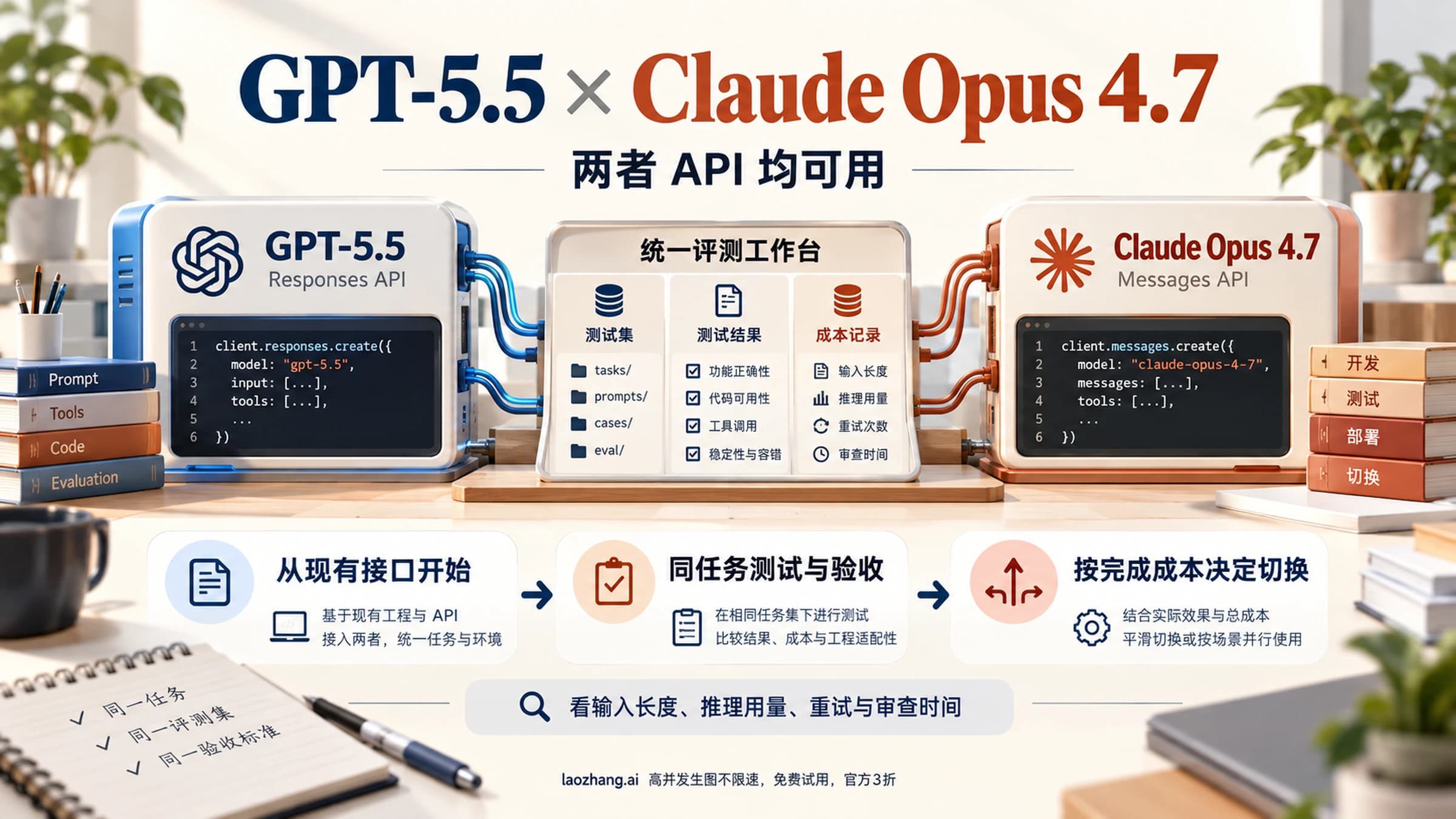 GPT-5.5 与 Claude Opus 4.7 的测试、部署和切换路线示意