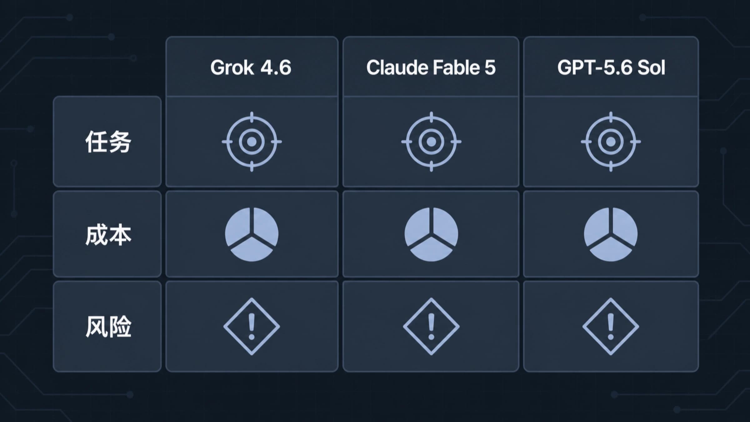 Grok 4.6、Claude Fable 5 与 GPT-5.6 Sol 的任务、成本和风险决策矩阵