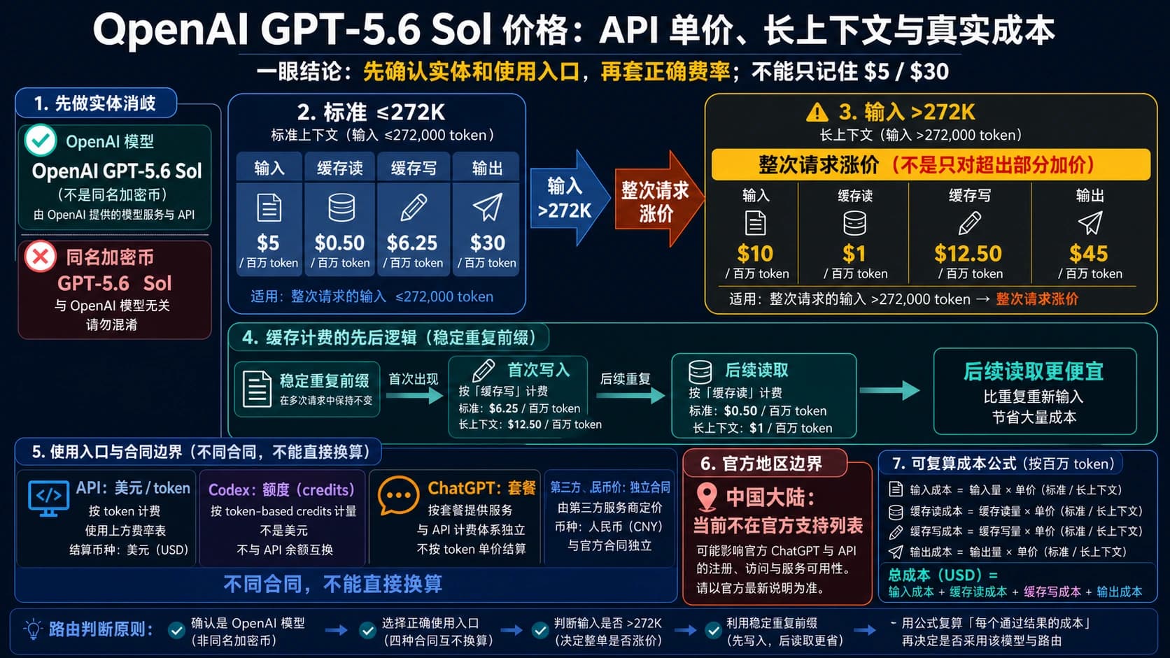 GPT-5.6 Sol 成本图,区分短上下文与长上下文 API 单价、缓存读写、处理层级和三种计费合同