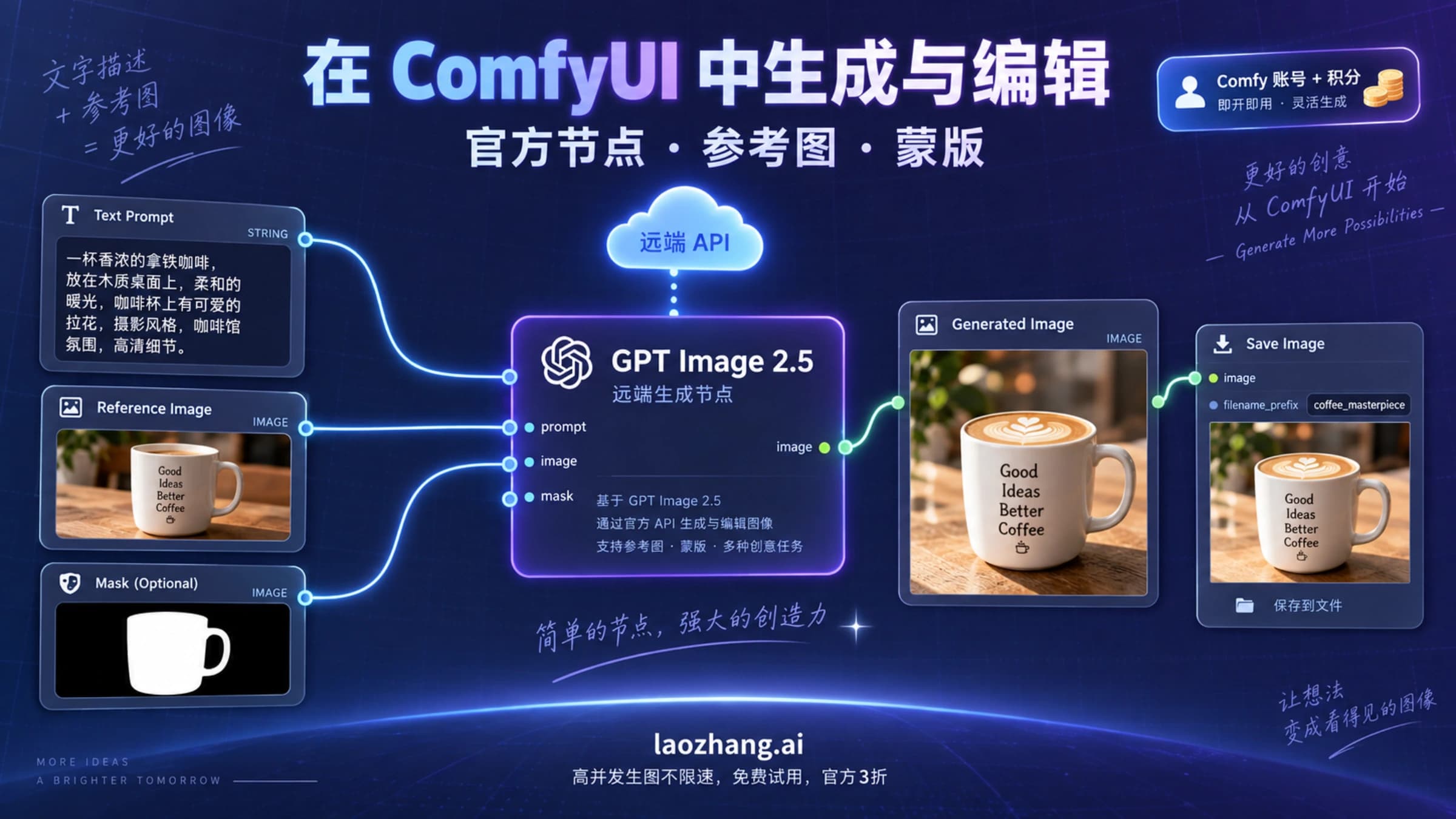 ComfyUI 官方 GPT Image 2.5 节点连接文字、参考图与蒙版并保存图片