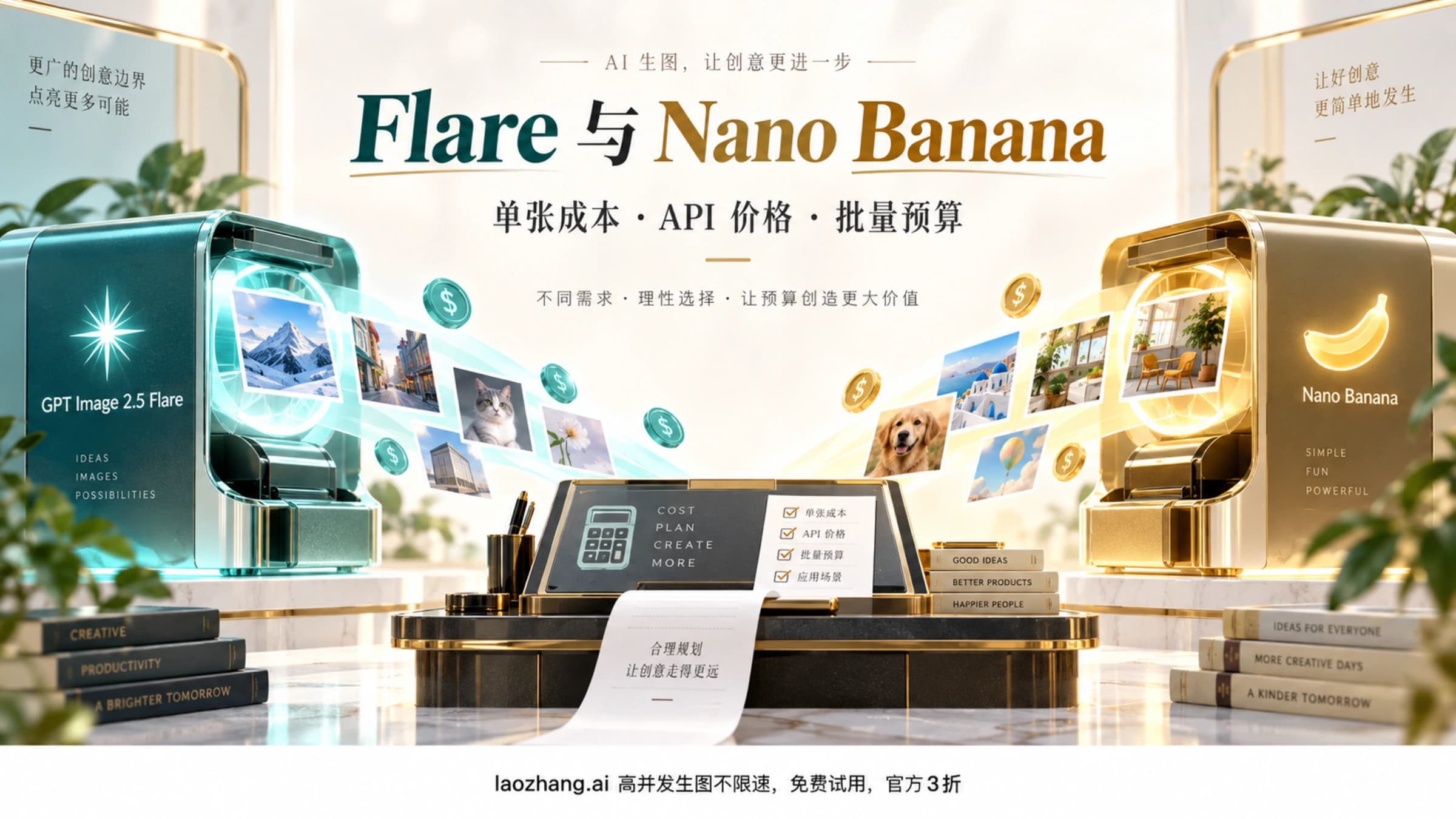 Flare 与 Nano Banana 图片生成设备围绕价格计算台,展示单张成本和批量预算选择