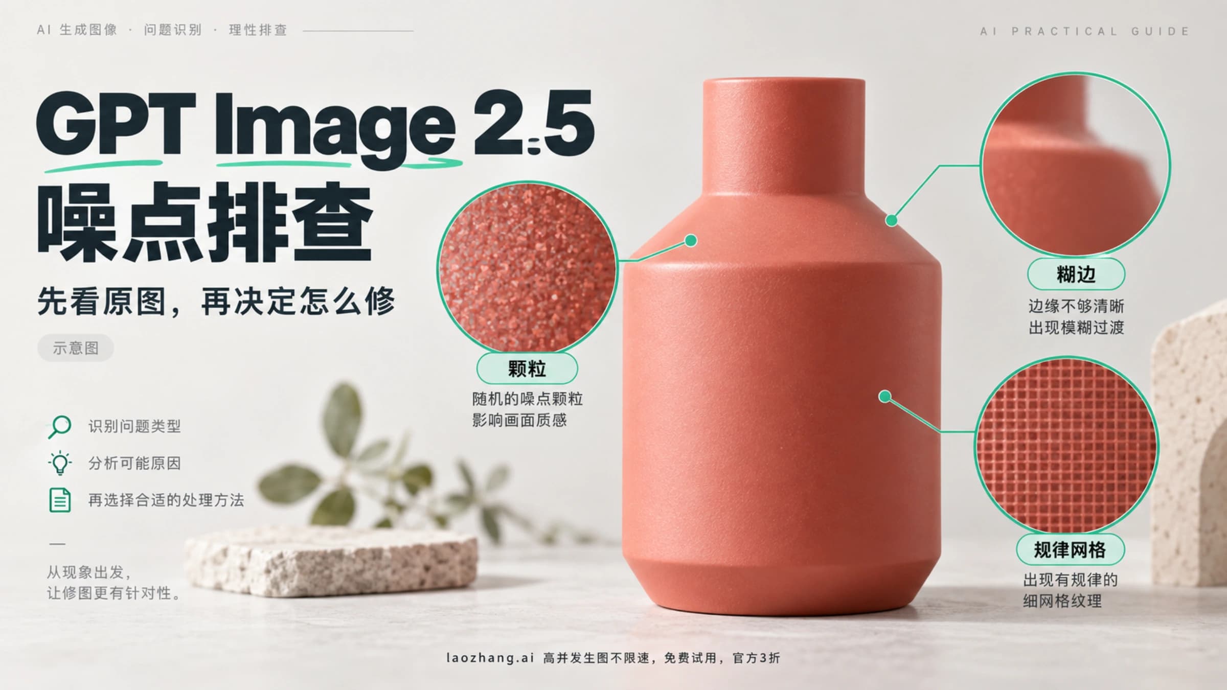 GPT Image 2.5 图片噪点排查示意:放大观察商品图中的颗粒、糊边与规律网格