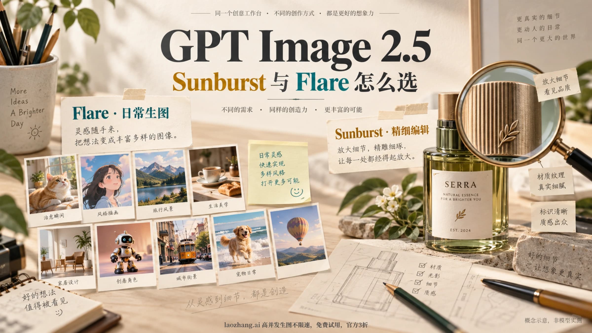GPT Image 2.5 Sunburst 与 Flare 选型概念图:日常生图的创意缩略图与精细编辑的商品细节检查