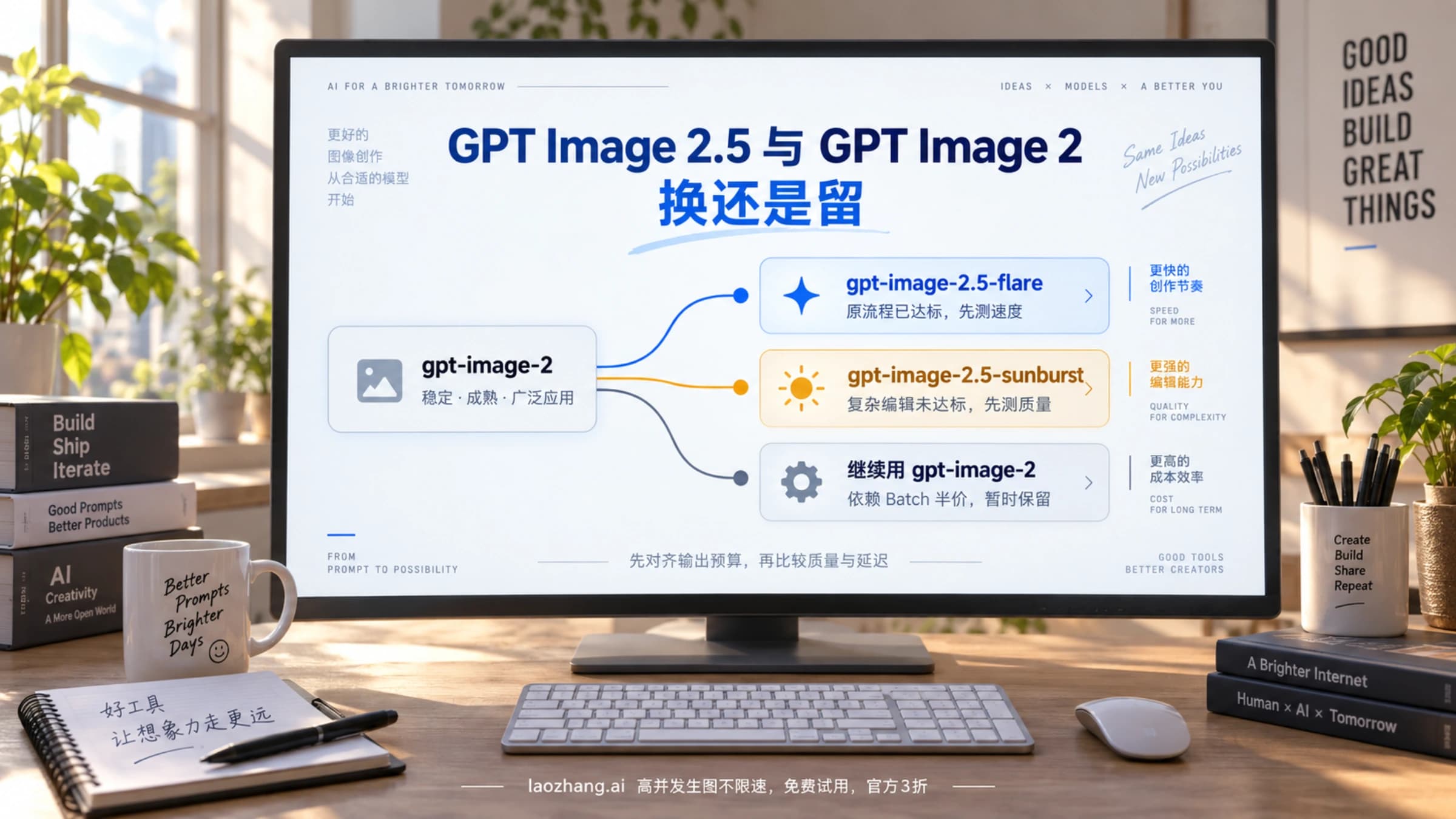 书桌显示器上的选型示意图:从 gpt-image-2 出发的三条路径,分别指向 gpt-image-2.5-flare、gpt-image-2.5-sunburst 与继续用 gpt-image-2