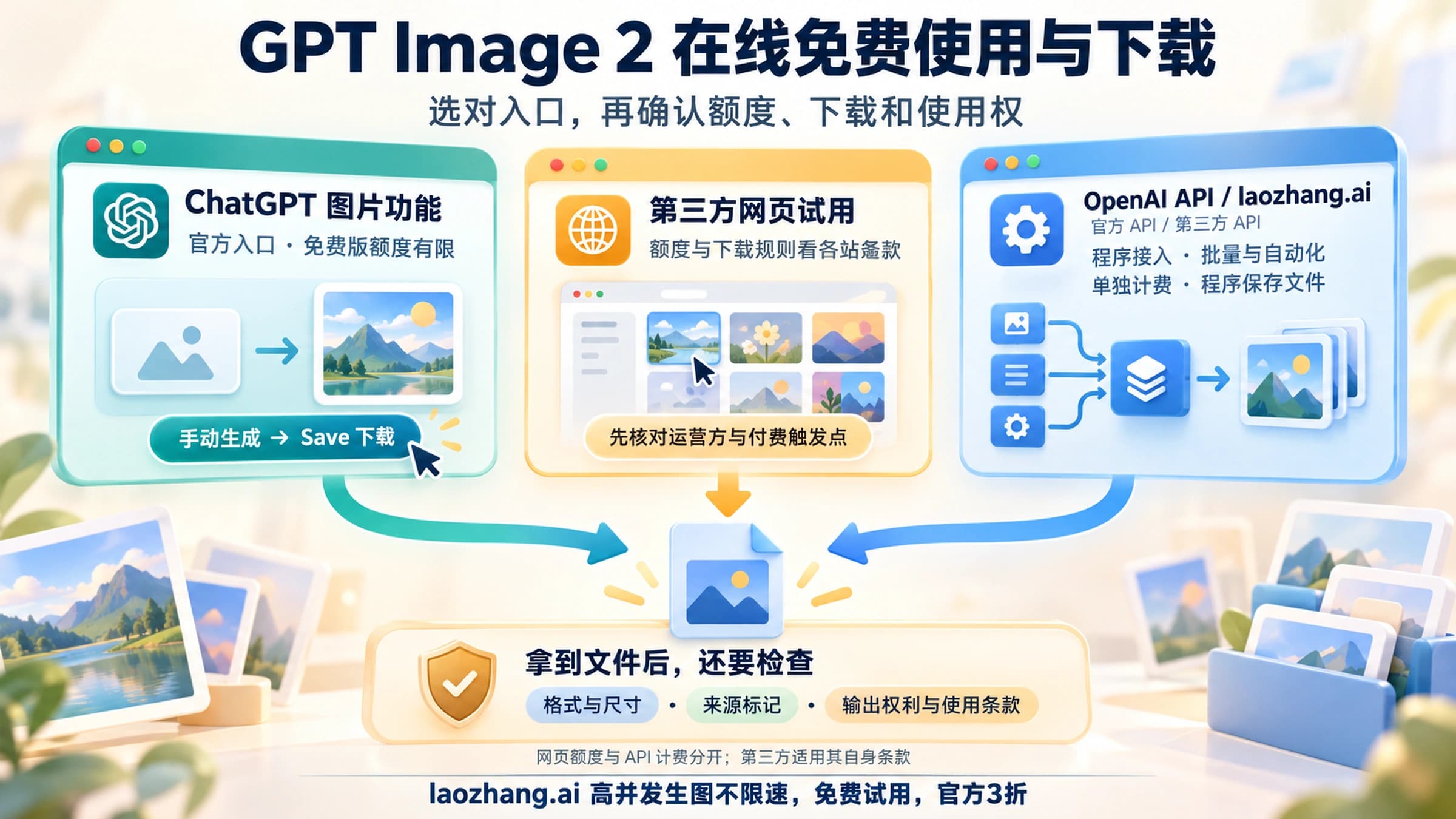 GPT Image 2 在线免费使用与下载概念图:ChatGPT 有限免费入口、付费 API 和保存文件的边界