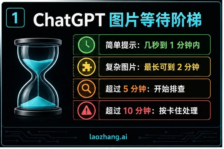 ChatGPT 图片等待阶梯,展示简单提示、复杂图片、超过五分钟和超过十分钟的处理阈值