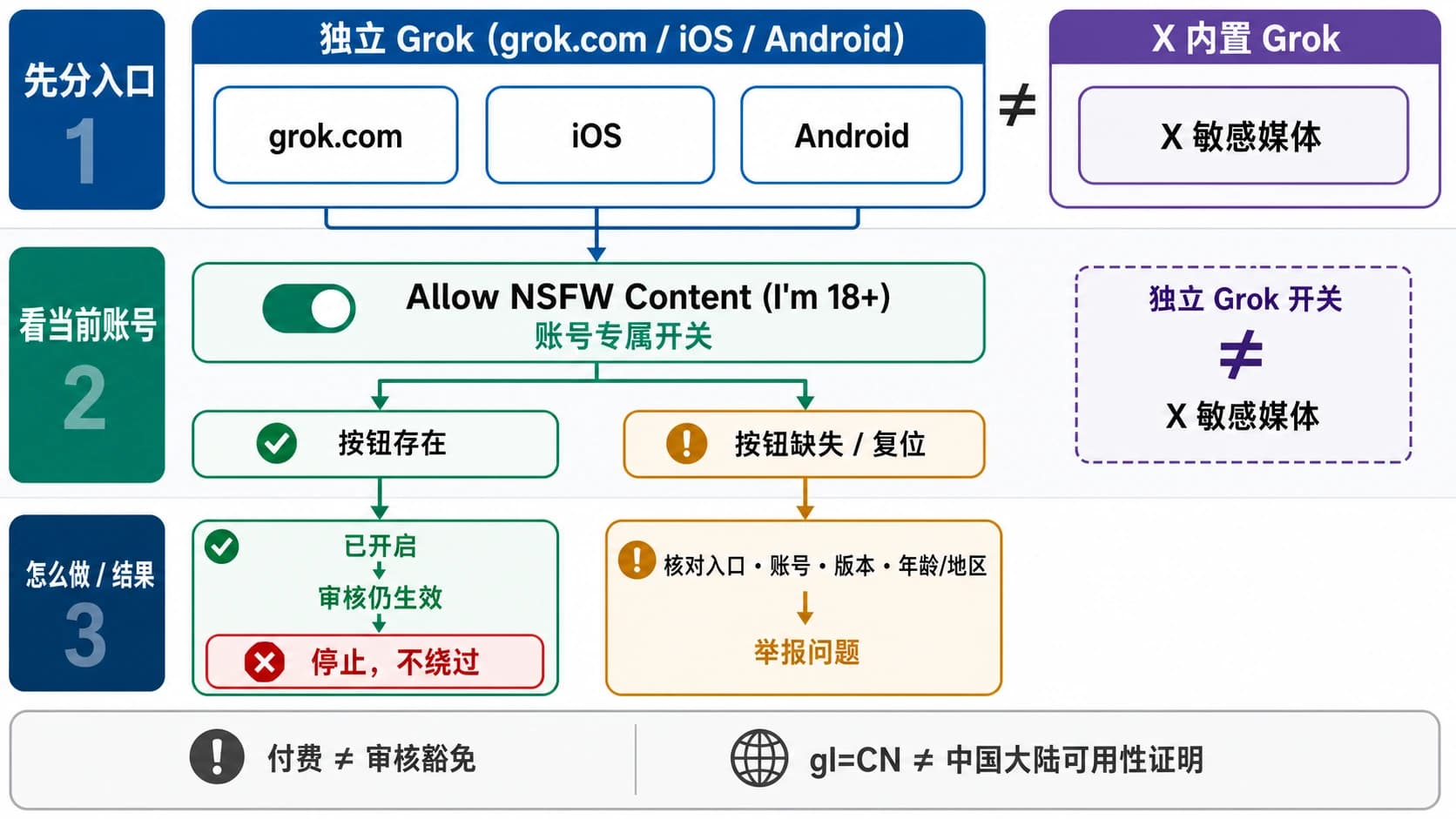 Grok 四个使用入口、NSFW 开关状态与审核结果的中文诊断图