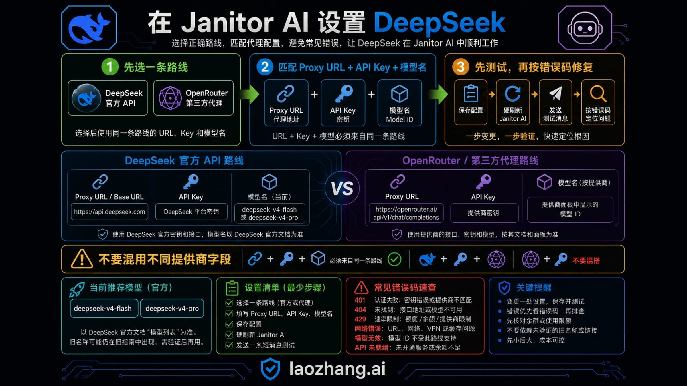 Codex 生成的 Janitor AI 接入 DeepSeek 路由选择图,强调代理地址、API Key 和模型名必须同源