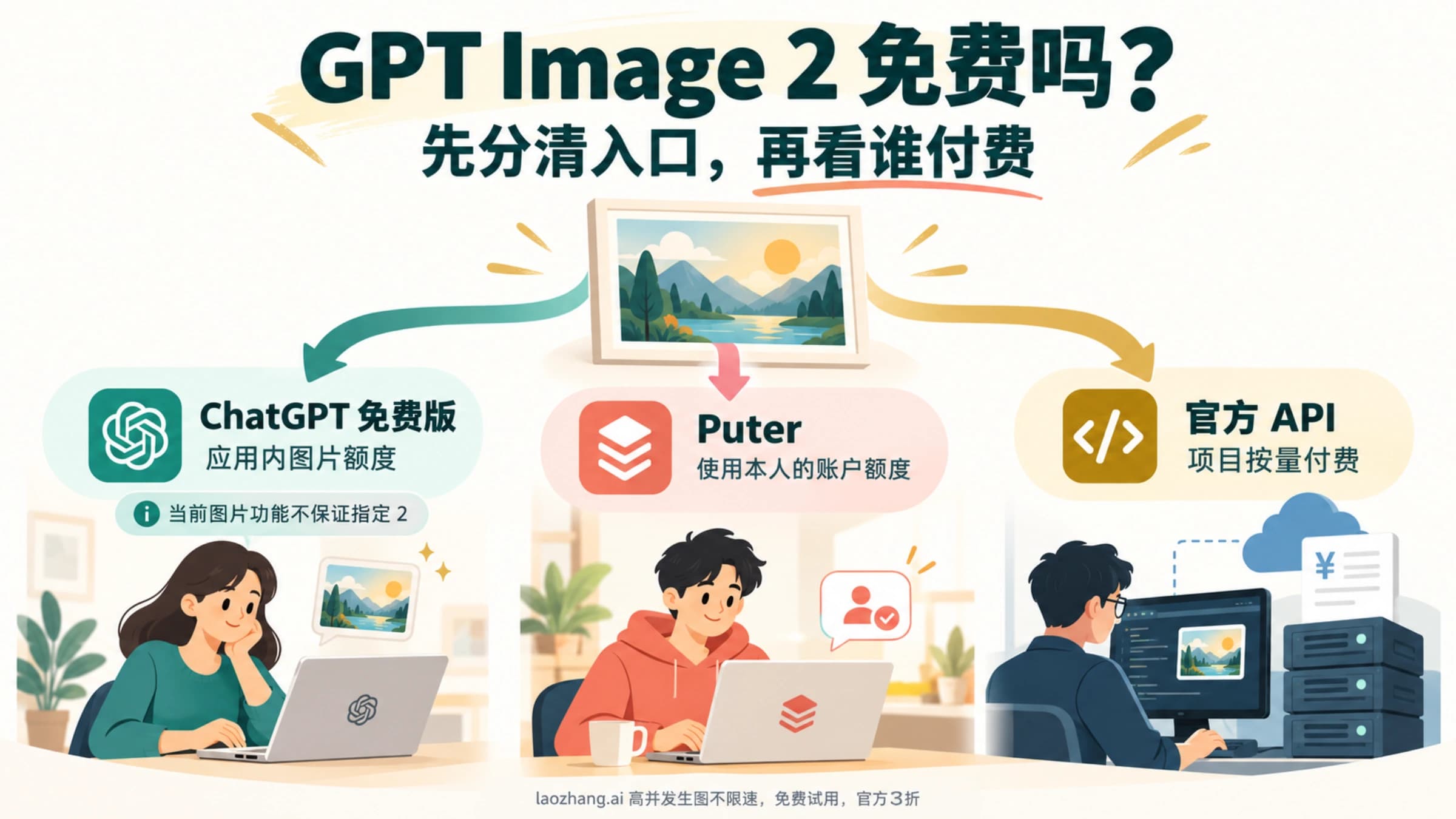 GPT Image 2 免费使用与官方 API 付费的入口示意,比较应用额度、用户付费和服务器调用