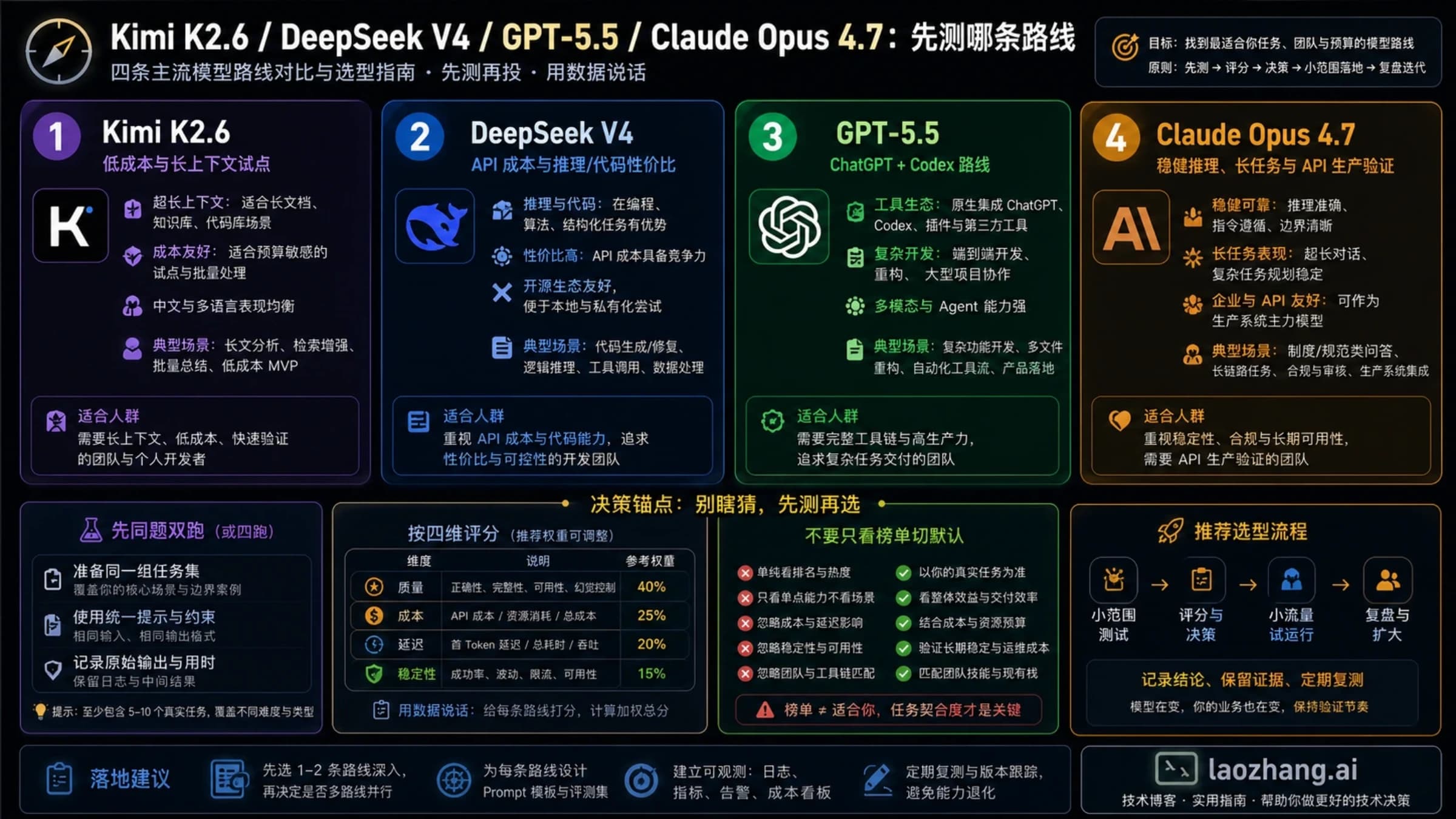 Kimi K2.6、DeepSeek V4、GPT-5.5 与 Claude Opus 4.7 的四路线测试决策图