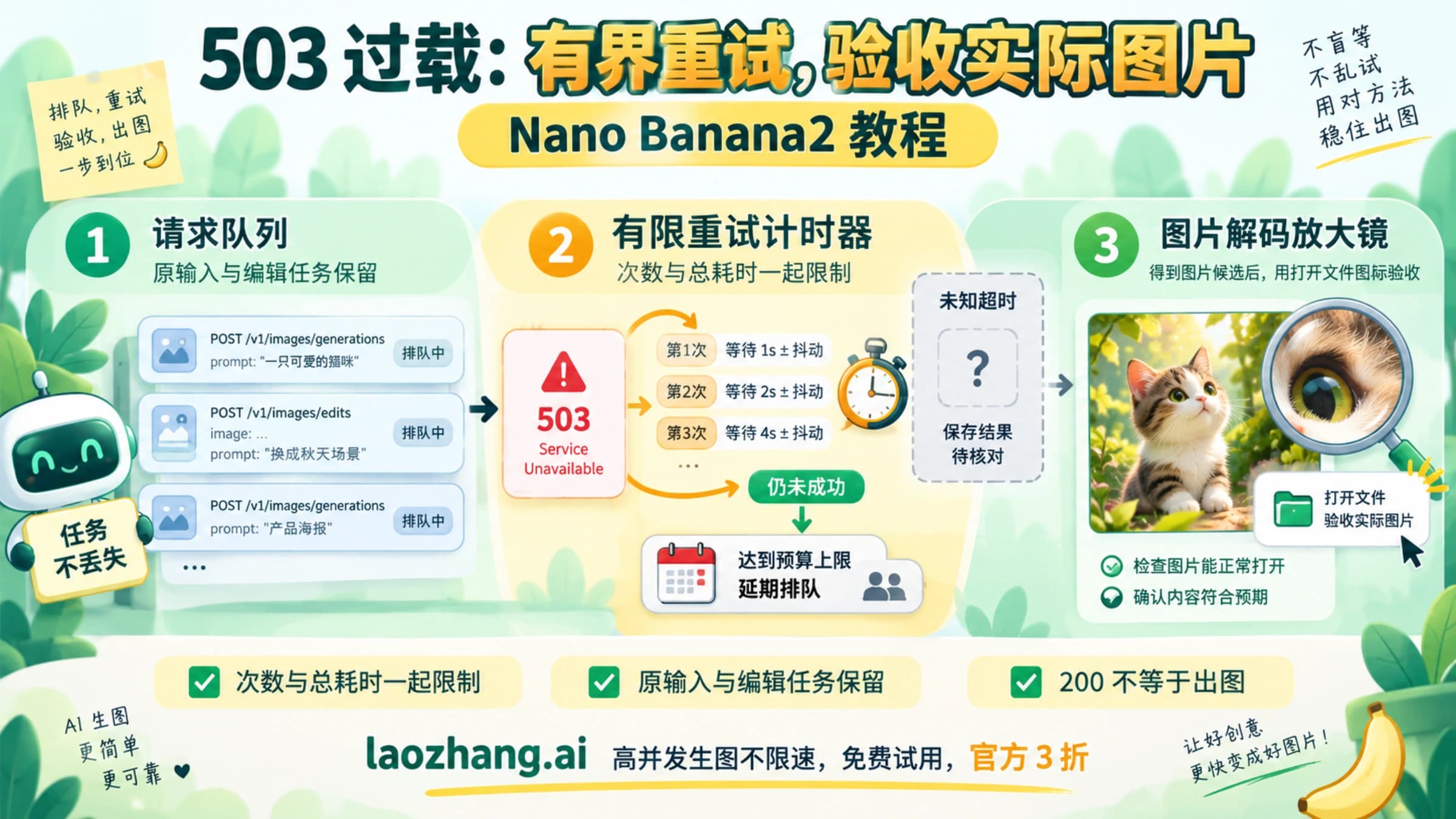 Nano Banana 2 遇到 503 后有限重试、延期与实际图片验收的主题图。