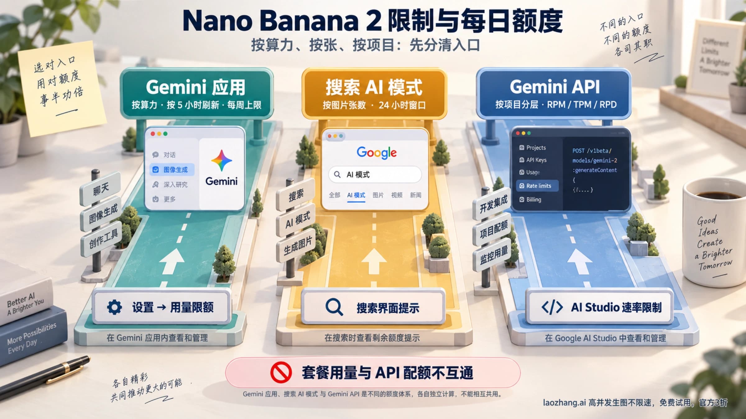 Nano Banana 2 三条限额轨道示意:Gemini 应用按算力每 5 小时刷新、搜索 AI 模式按张 24 小时、Gemini API 按项目分层