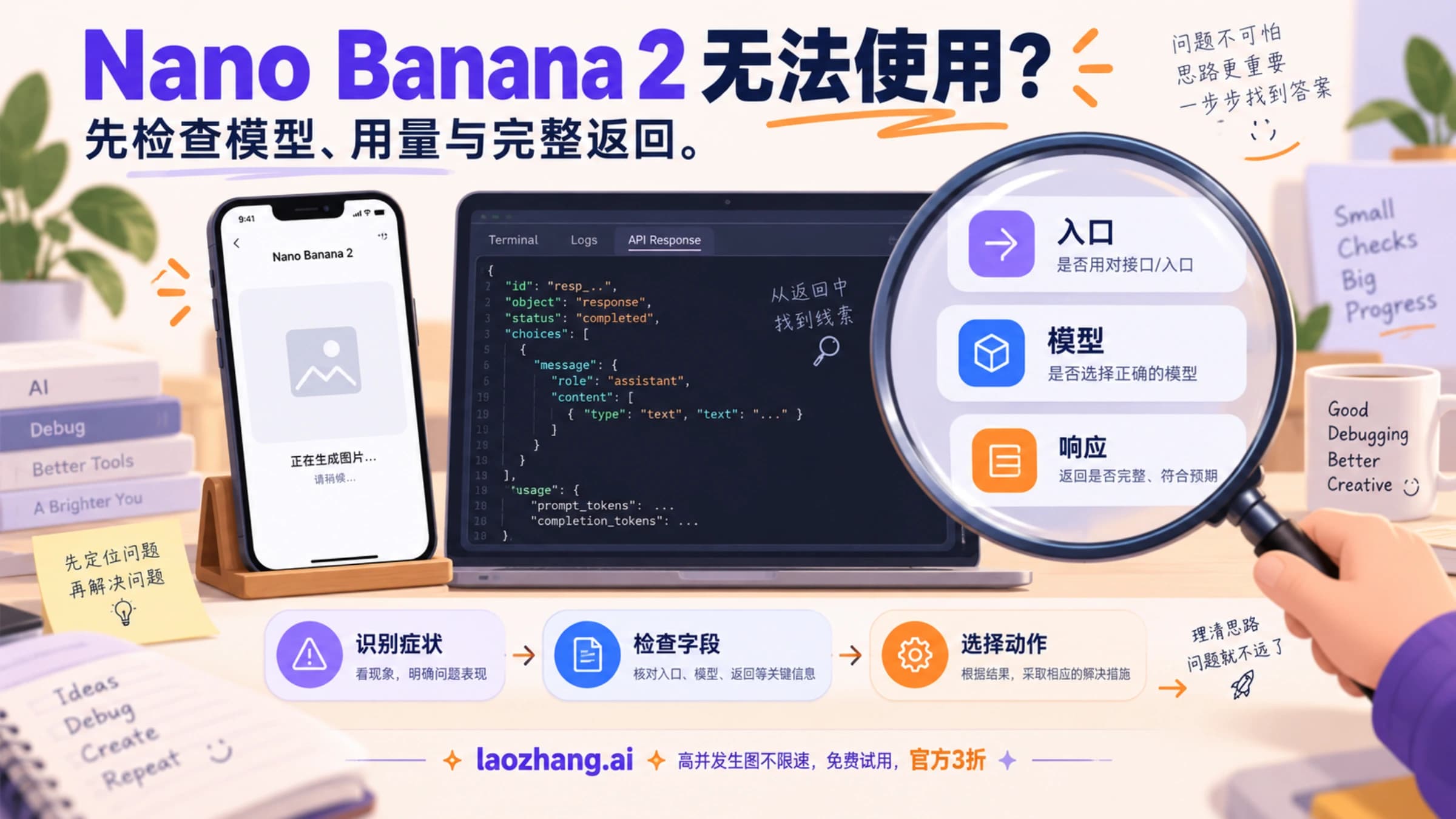 Nano Banana 2 无法出图时检查入口、模型和完整返回的概念示意