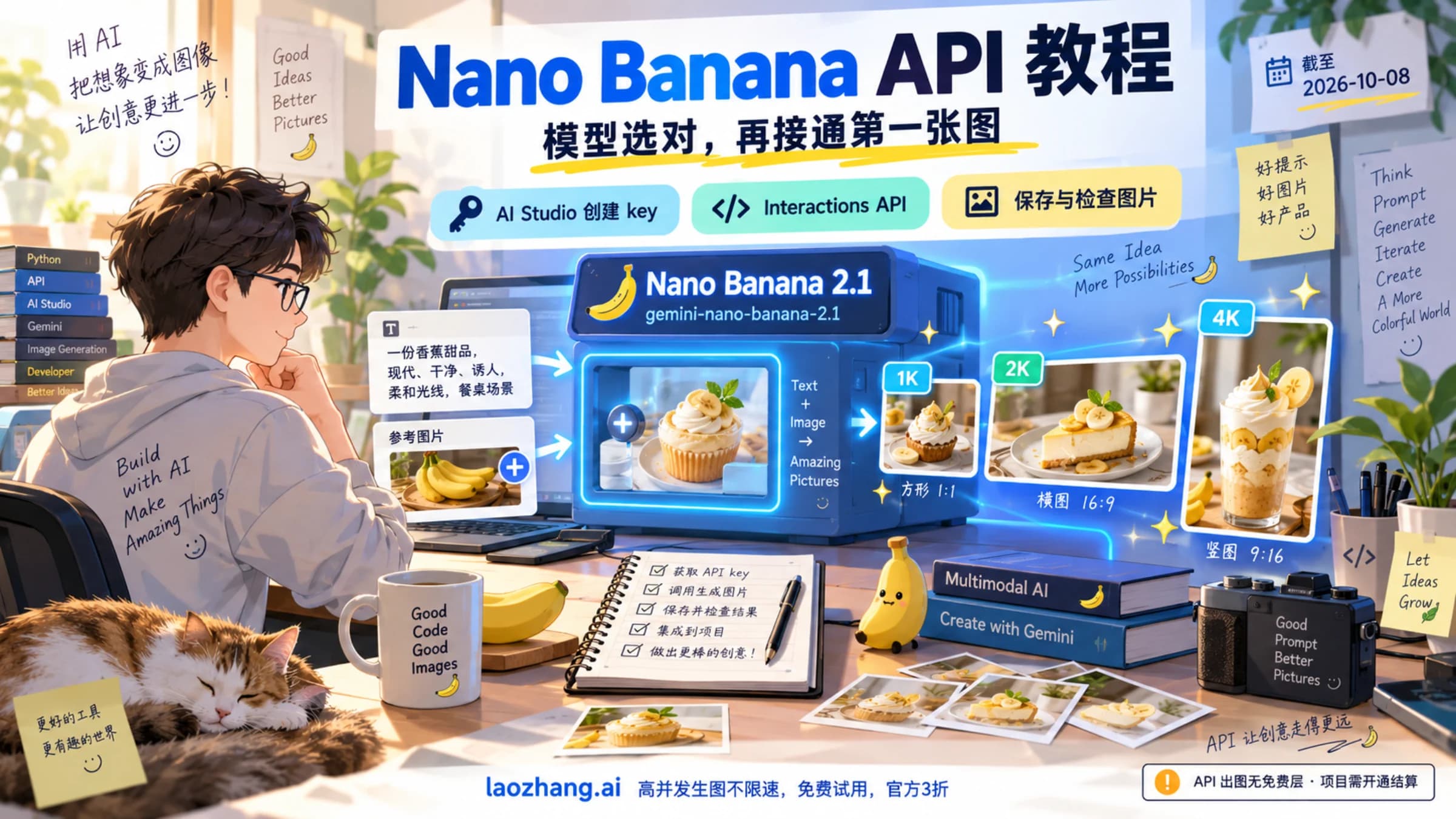 Nano Banana API 官方教程概念图:默认 Nano Banana 2.1,从 AI Studio 密钥与 Interactions API 到保存和检查图片,API 输出需结算