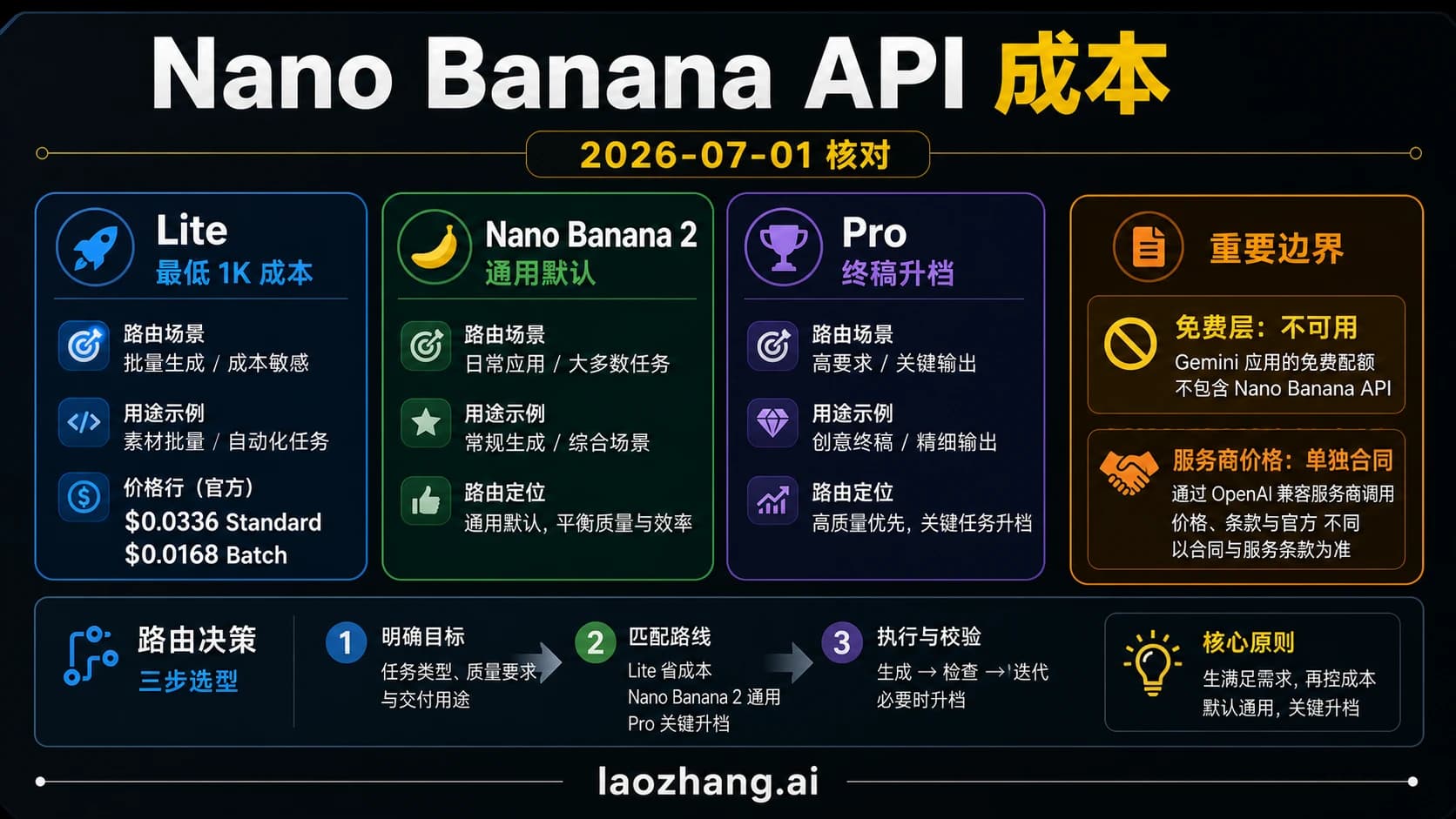 Nano Banana API 成本合同板,区分 Lite、Nano Banana 2、Pro、Batch、API key 与服务商价格边界