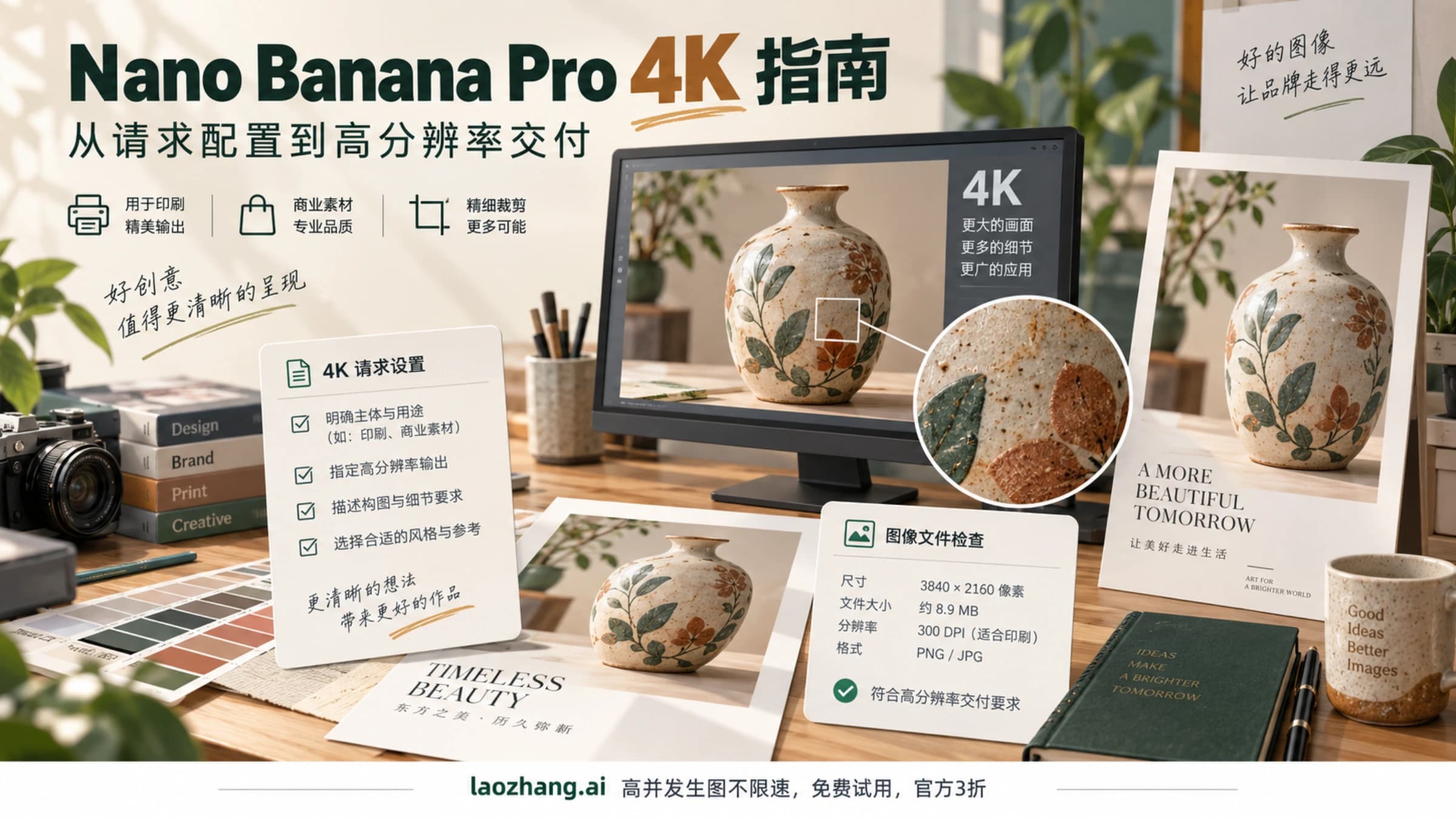 Nano Banana Pro 4K 图片从请求配置到高分辨率素材交付的工作台示意